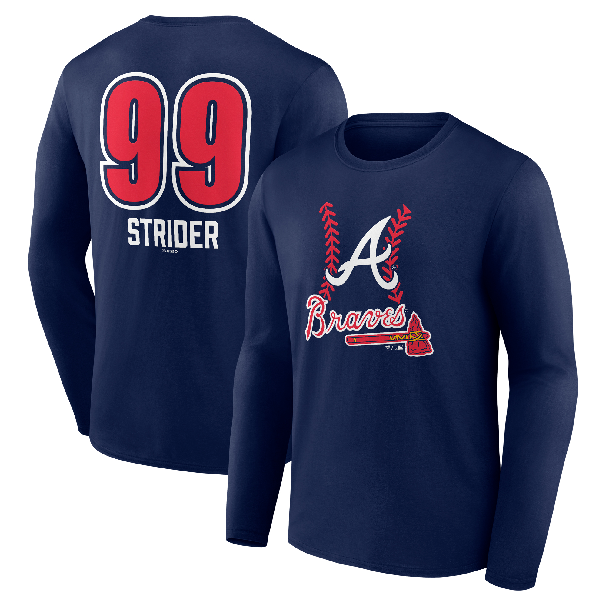 Men's Spencer Strider Navy Atlanta Braves Fastball Player Name & Number Long Sleeve T-Shirt