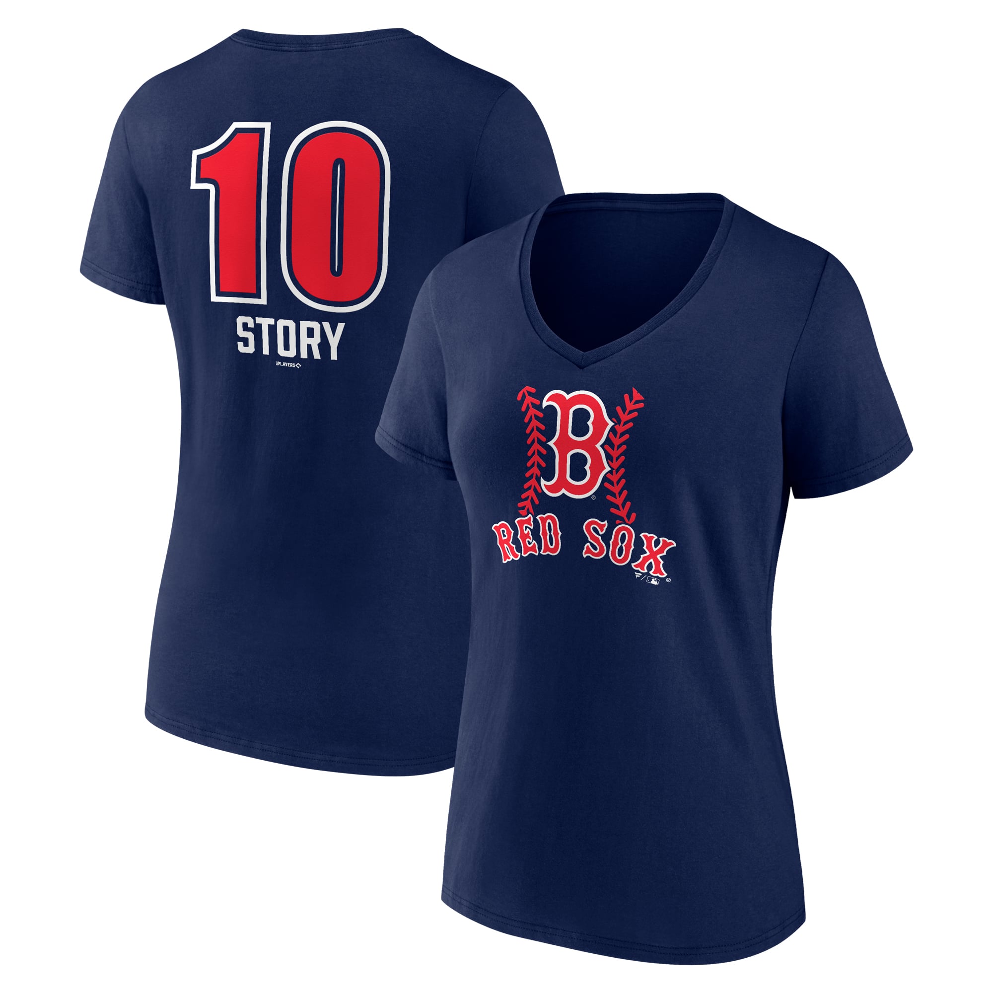 Women's Trevor Story Navy Boston Red Sox Fastball Player Name & Number V-Neck T-Shirt