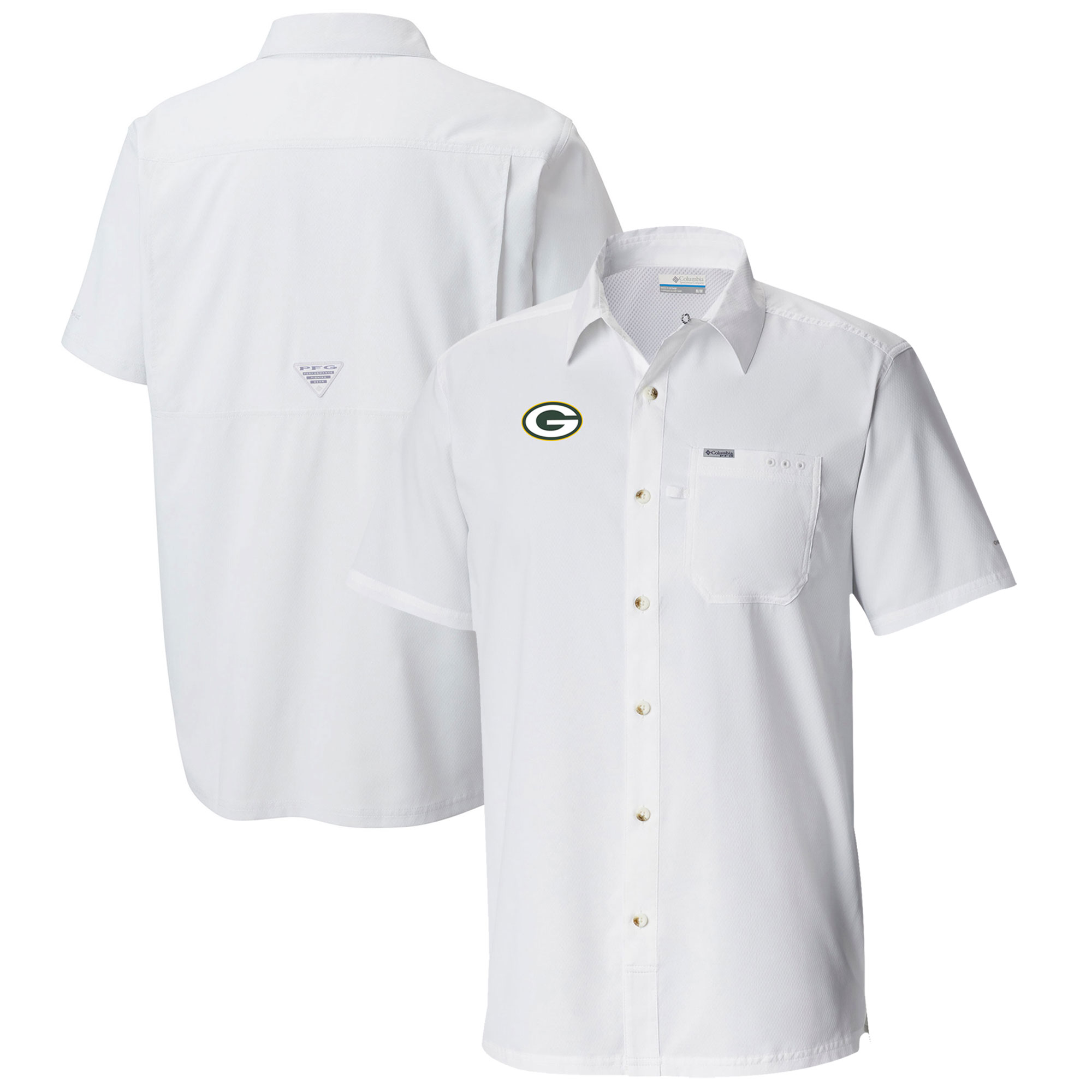 Men's Columbia White Green Bay Packers Slack Tide Omni-Wick Button-Up Camp Shirt