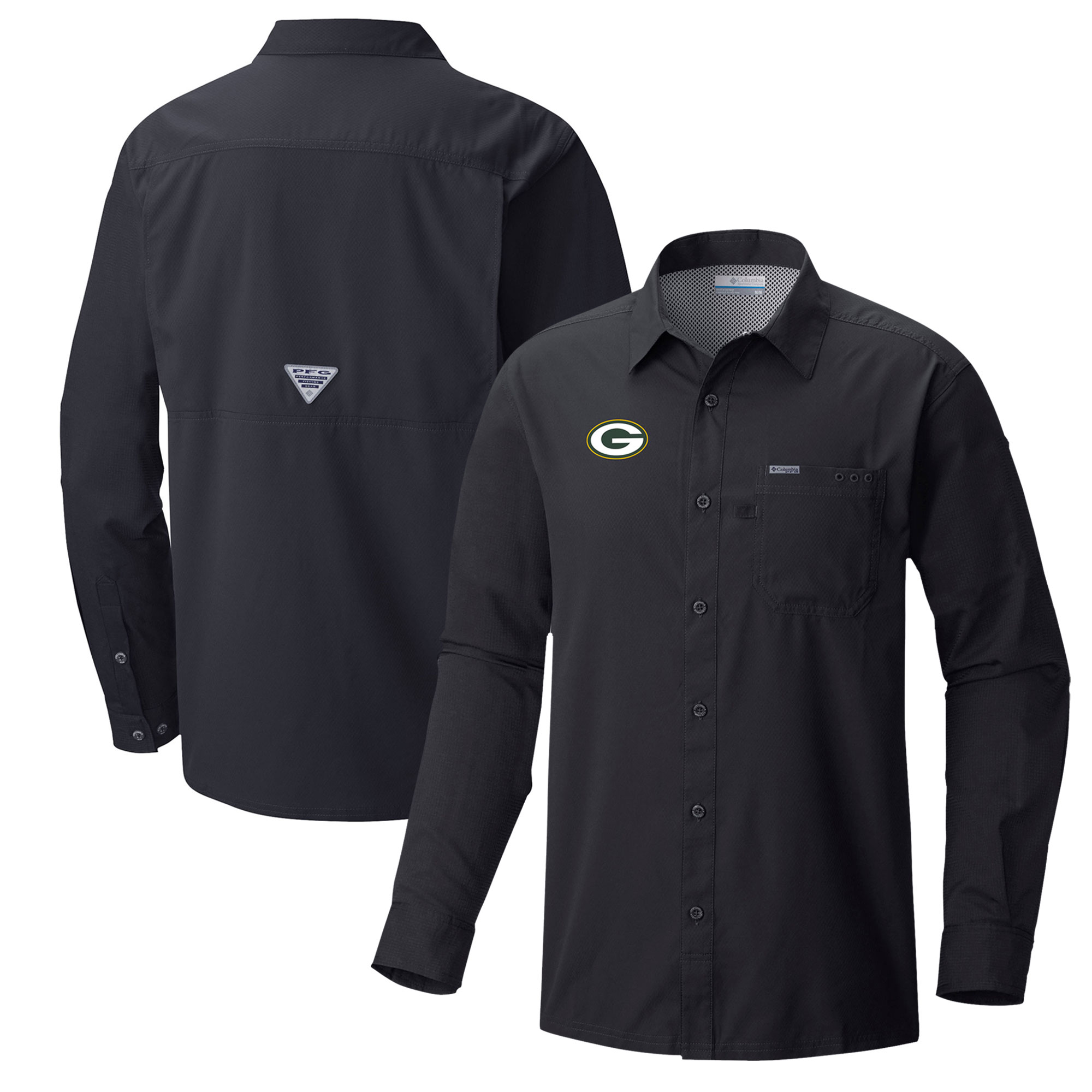 Men's Columbia Black Green Bay Packers Slack Tide Omni-Wick Long Sleeve Button-Up Shirt