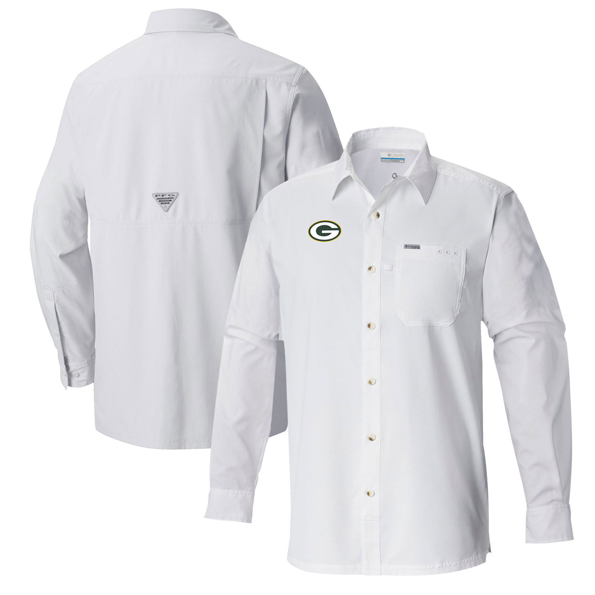Men's Columbia White Green Bay Packers Slack Tide Omni-Wick Long Sleeve Button-Up Shirt