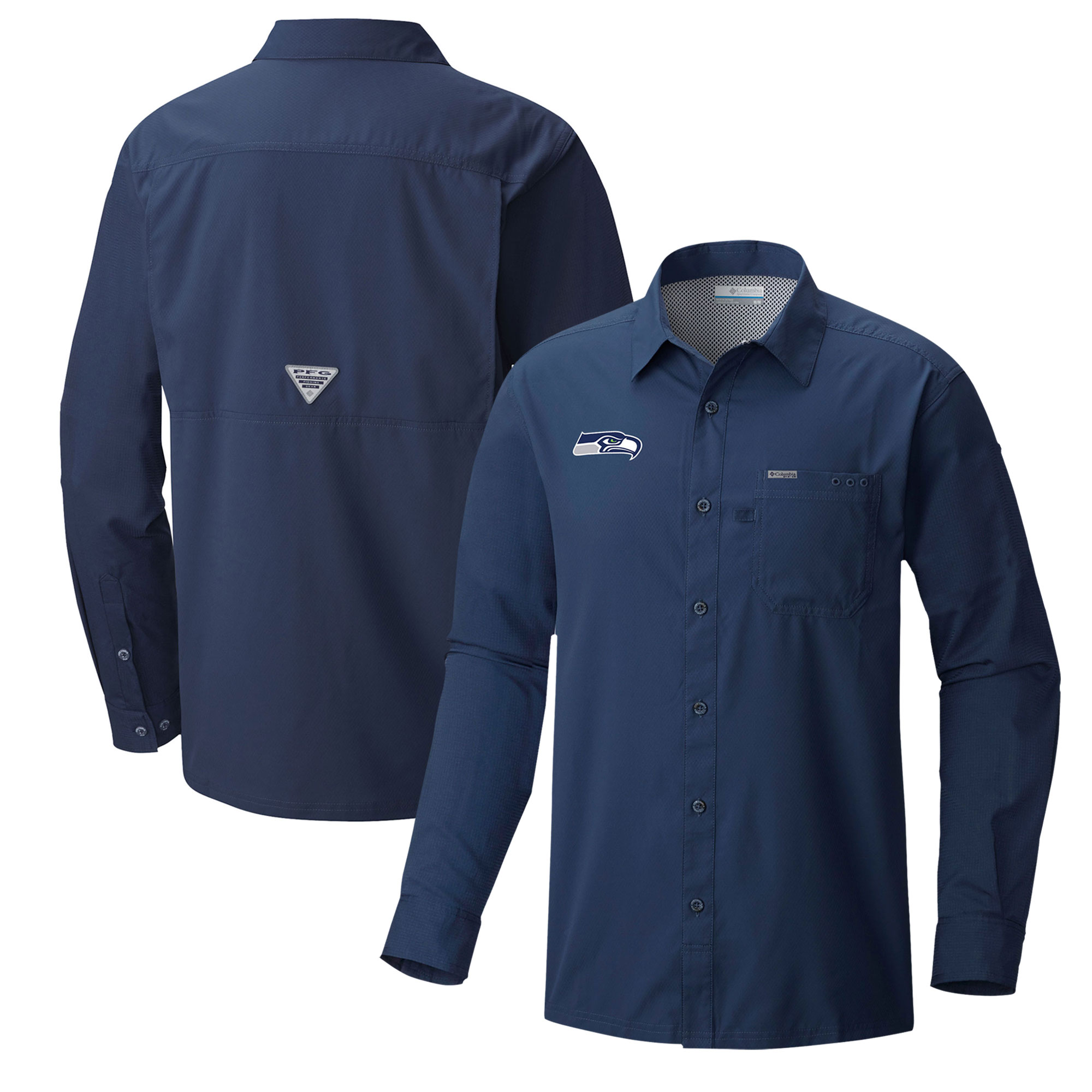 Men's Columbia College Navy Seattle Seahawks Slack Tide Omni-Wick Long Sleeve Button-Up Shirt