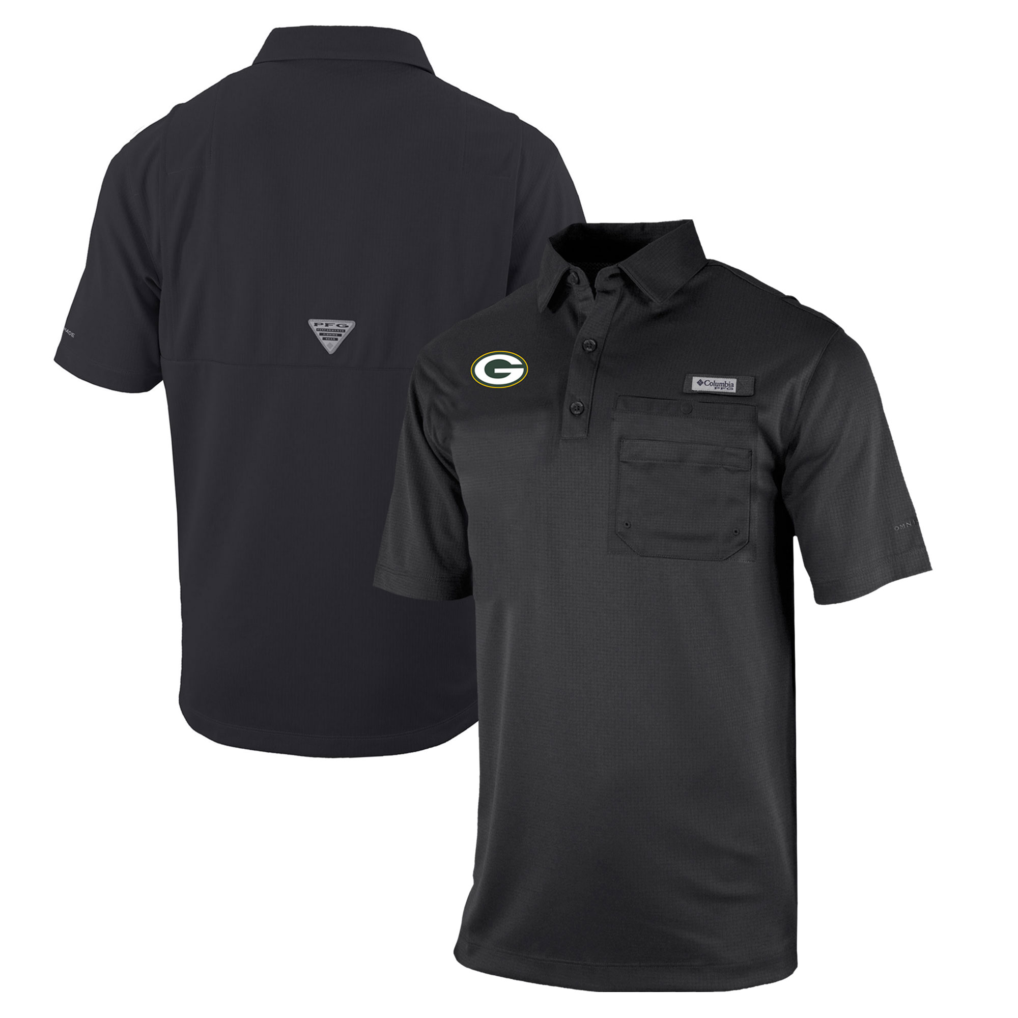 Men's Columbia Black Green Bay Packers Omni-Wick Flycaster Pocket Polo