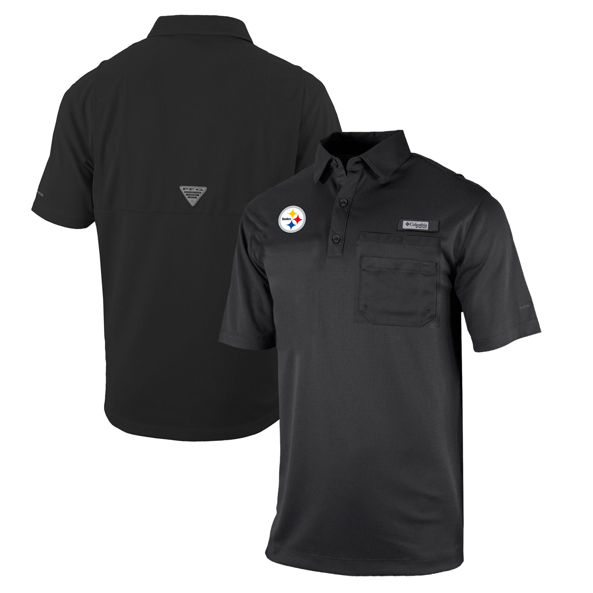 Men's Columbia Black Pittsburgh Steelers Omni-Wick Flycaster Pocket Polo