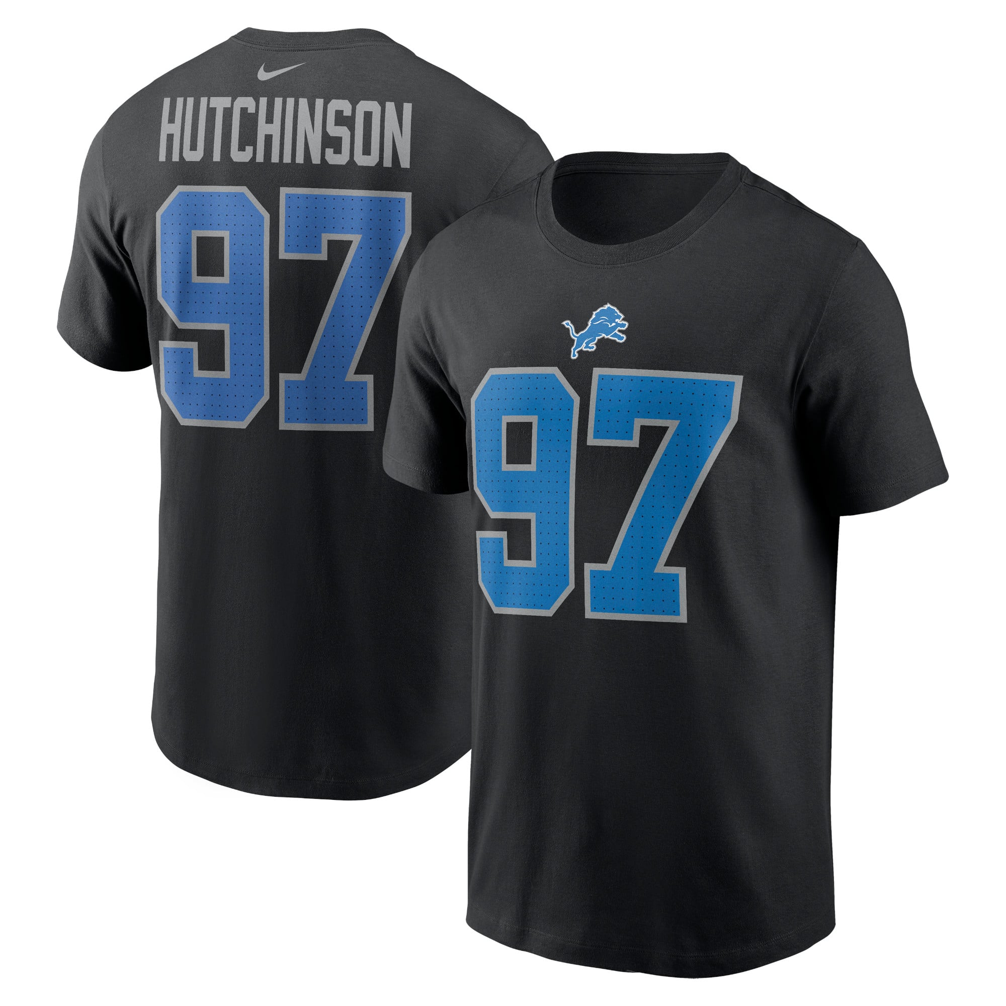 Camiseta Nike para hombre de Aidan Hutchinson, color negro, con nombre y número de los Detroit Lions.