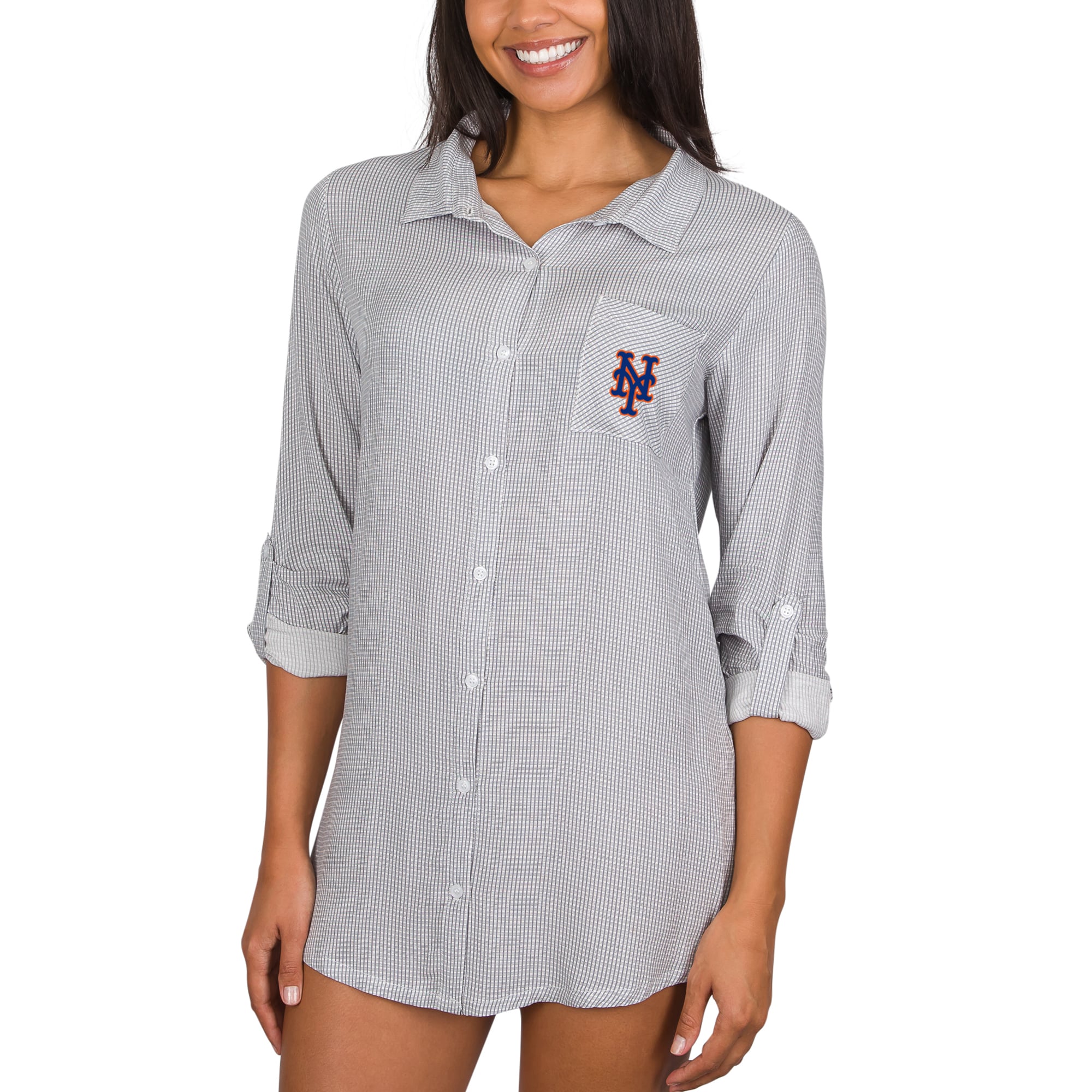 Women's Concepts Sport Gray New York Mets Melody Woven Full-Button Long Sleeve Nightshirt