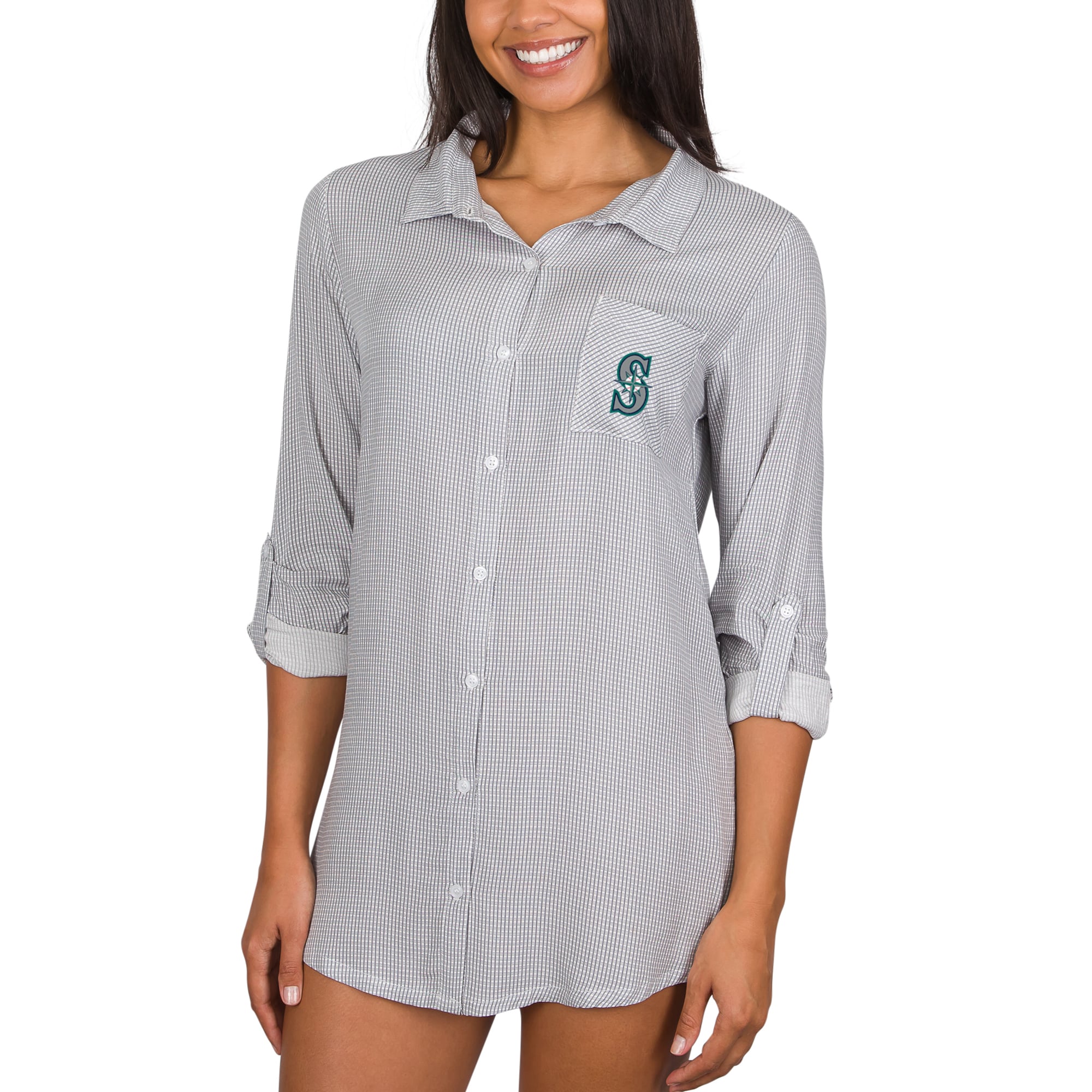 Women's Concepts Sport Gray Seattle Mariners Melody Woven Full-Button Long Sleeve Nightshirt