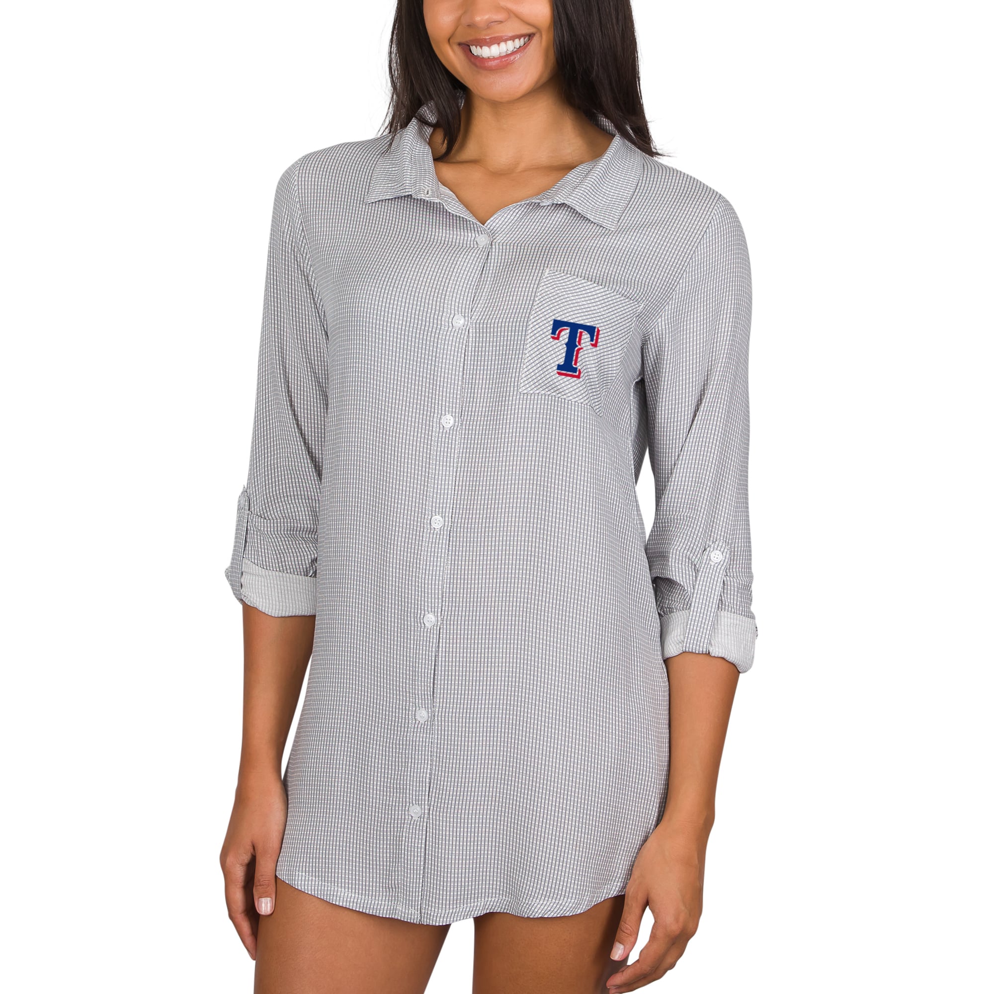 Women's Concepts Sport Gray Texas Rangers Melody Woven Full-Button Long Sleeve Nightshirt