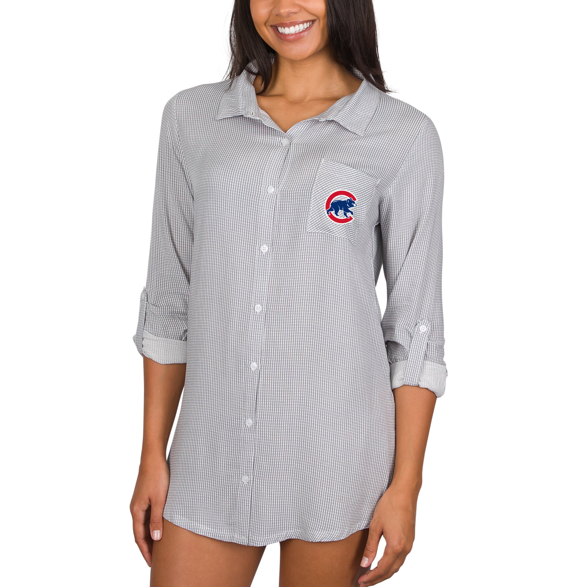 Women's Concepts Sport Gray Chicago Cubs Melody Woven Full-Button Long Sleeve Nightshirt