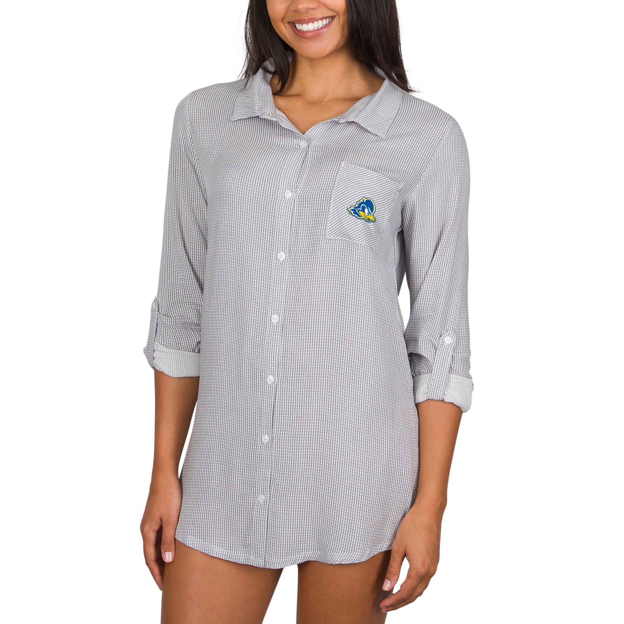 Women's College Concepts Gray Delaware Fightin' Blue Hens Full-Button Long Sleeve Melody Nightshirt