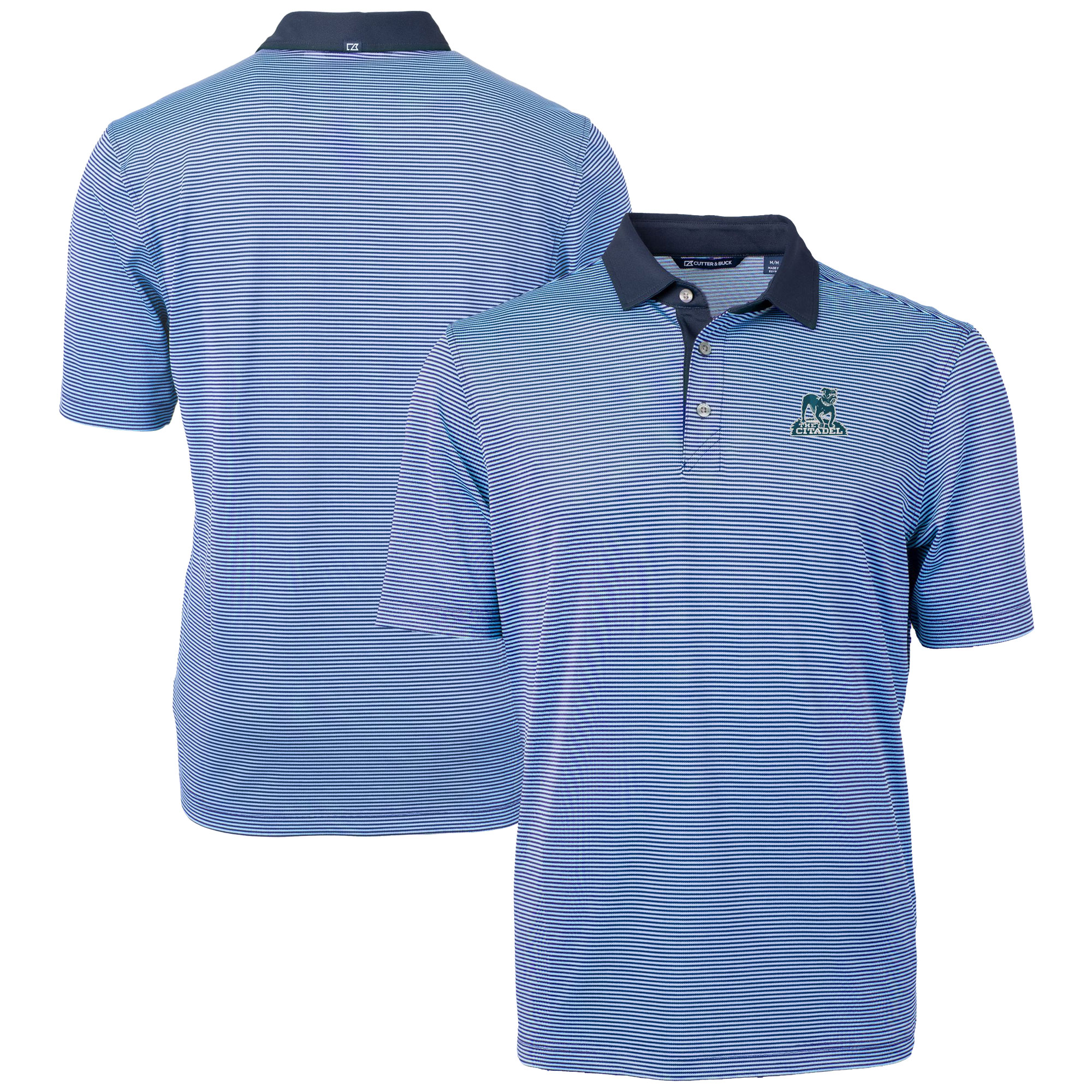 Men’s Cutter & Buck Light Blue/Navy Citadel Bulldogs Vault DryTec Virtue Eco Pique Micro Stripe Recycled Polo Men’s Cutter & Buck Light Blue/Navy Citadel Bulldogs Vault DryTec Virtue Eco Pique Micro Stripe Recycled Polo