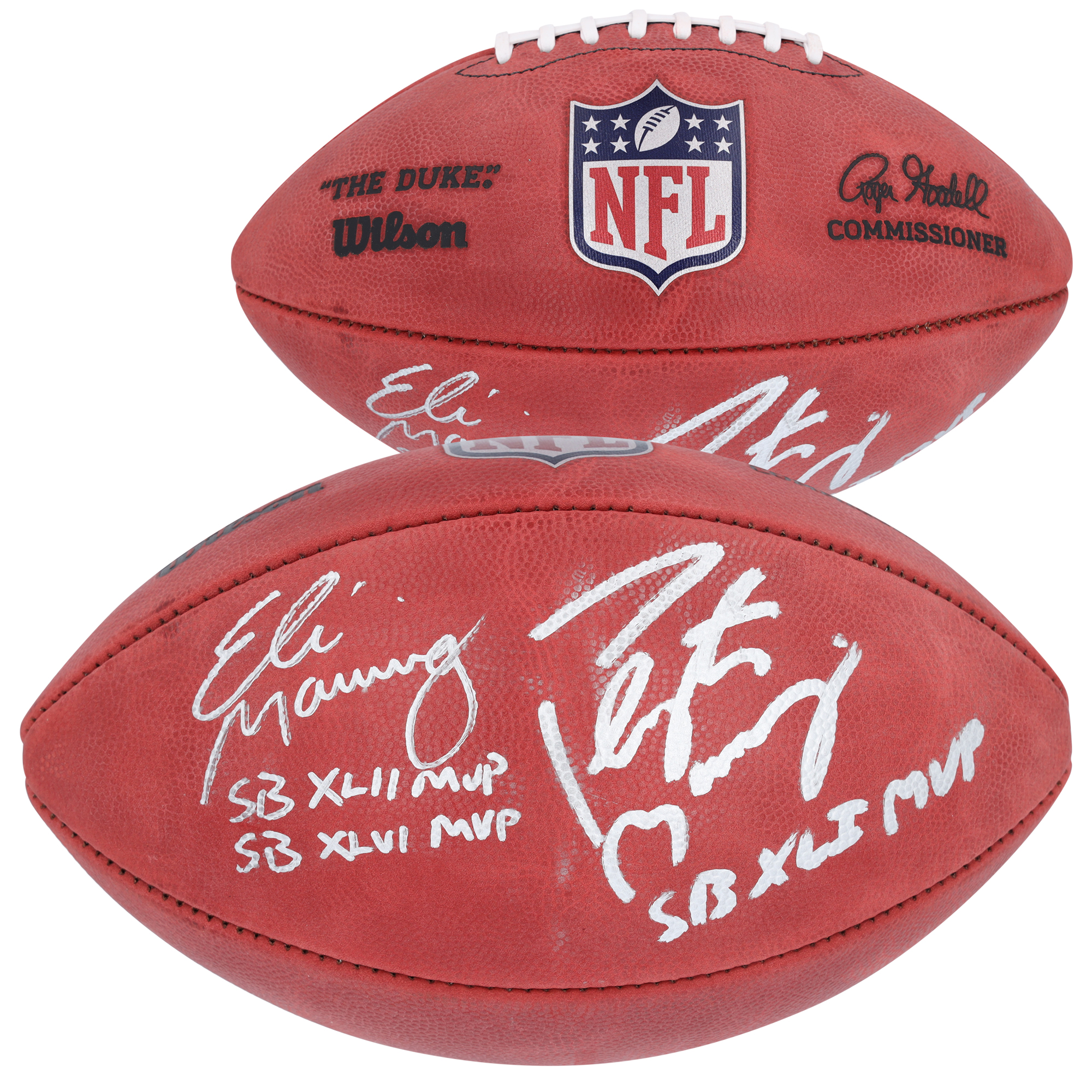 Peyton Manning Indianapolis Colts & Eli Manning New York Giants Dual-Signed Duke Full Color Football with Super Bowl MVP Inscriptions