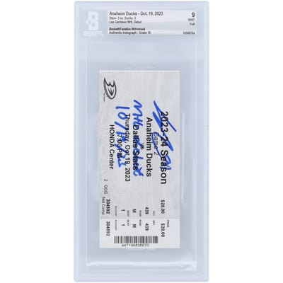 Leo Carlsson Anaheim Ducks Autographed NHL Debut Ticket with "NHL Debut 10/19/23" Inscription - BAS Authenticated 9 Auto 10