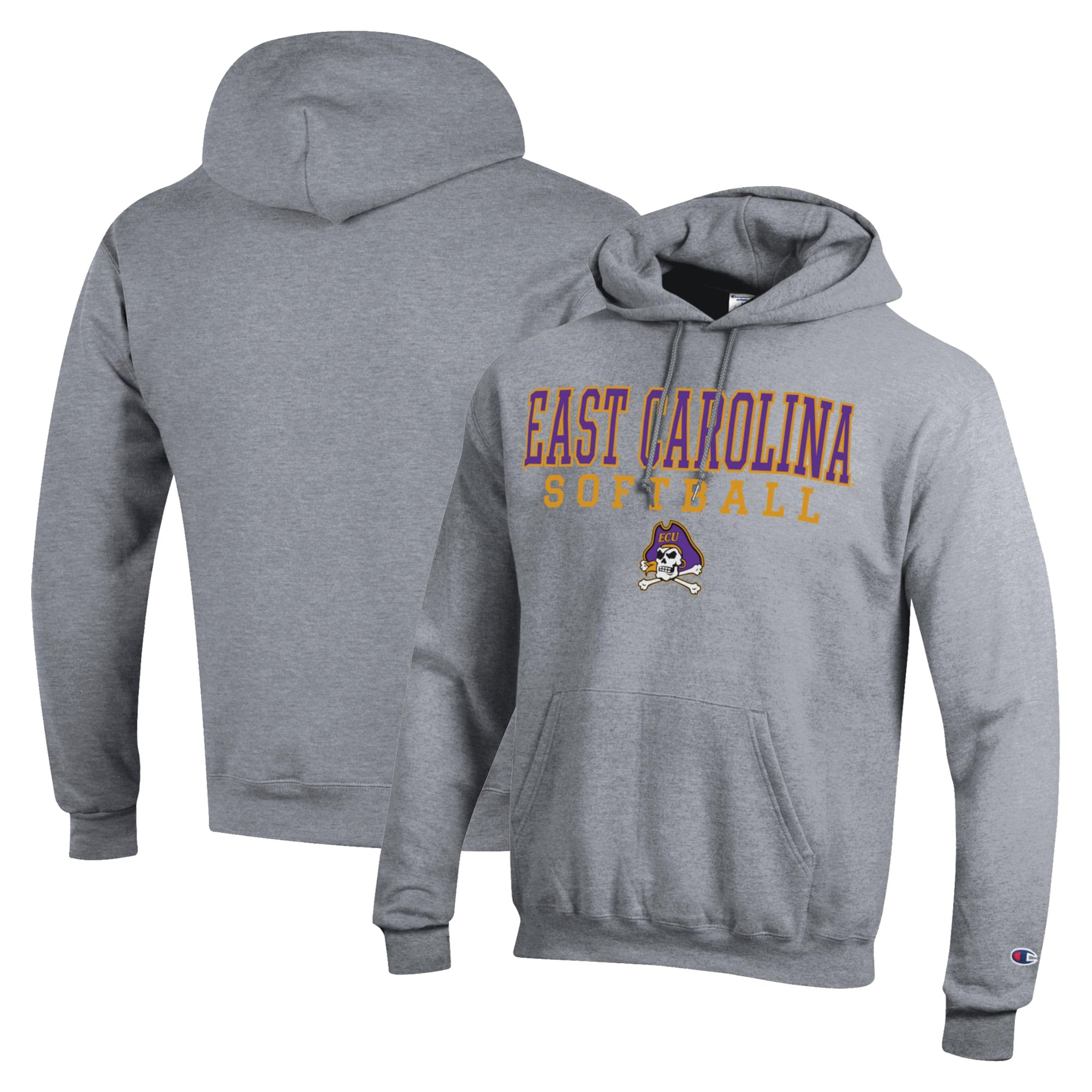 Men's Champion  Gray ECU Pirates Stack Logo Softball Powerblend Pullover Hoodie
