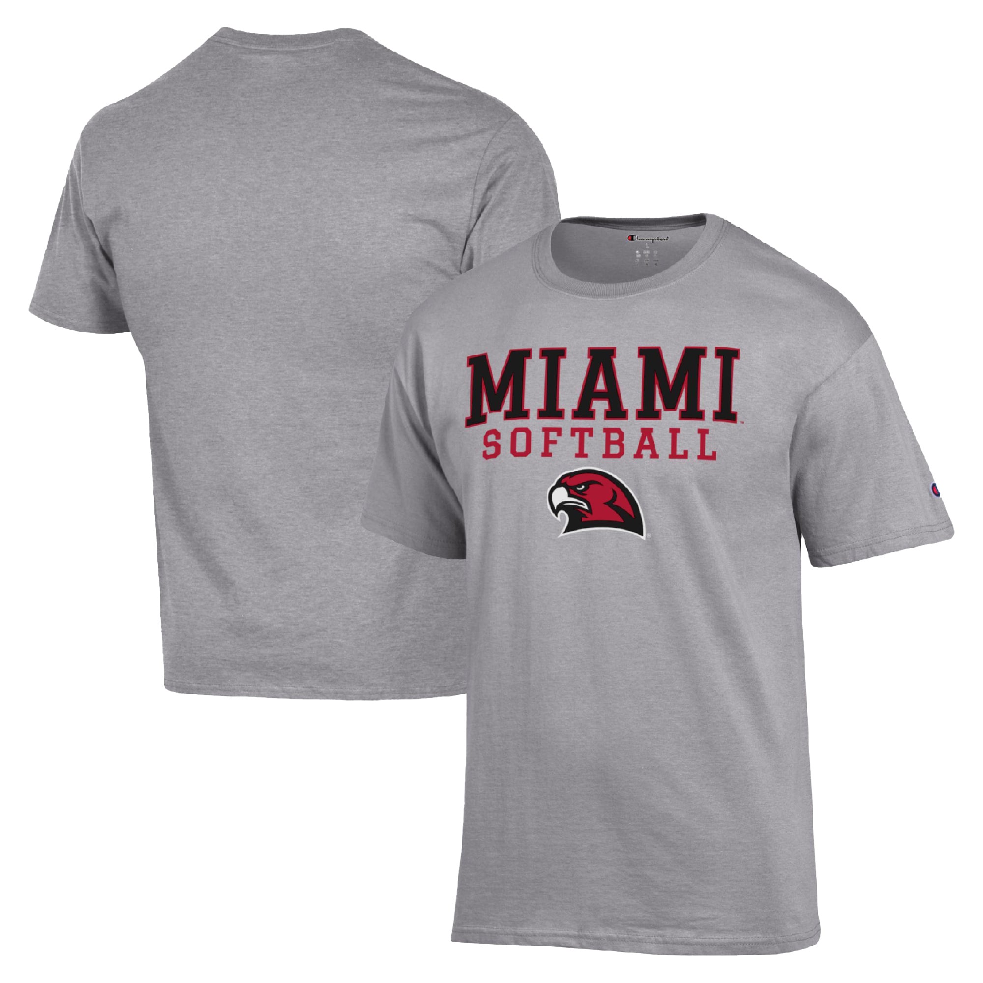 Men's Champion  Gray Miami University RedHawks Stack Logo Softball Powerblend T-Shirt