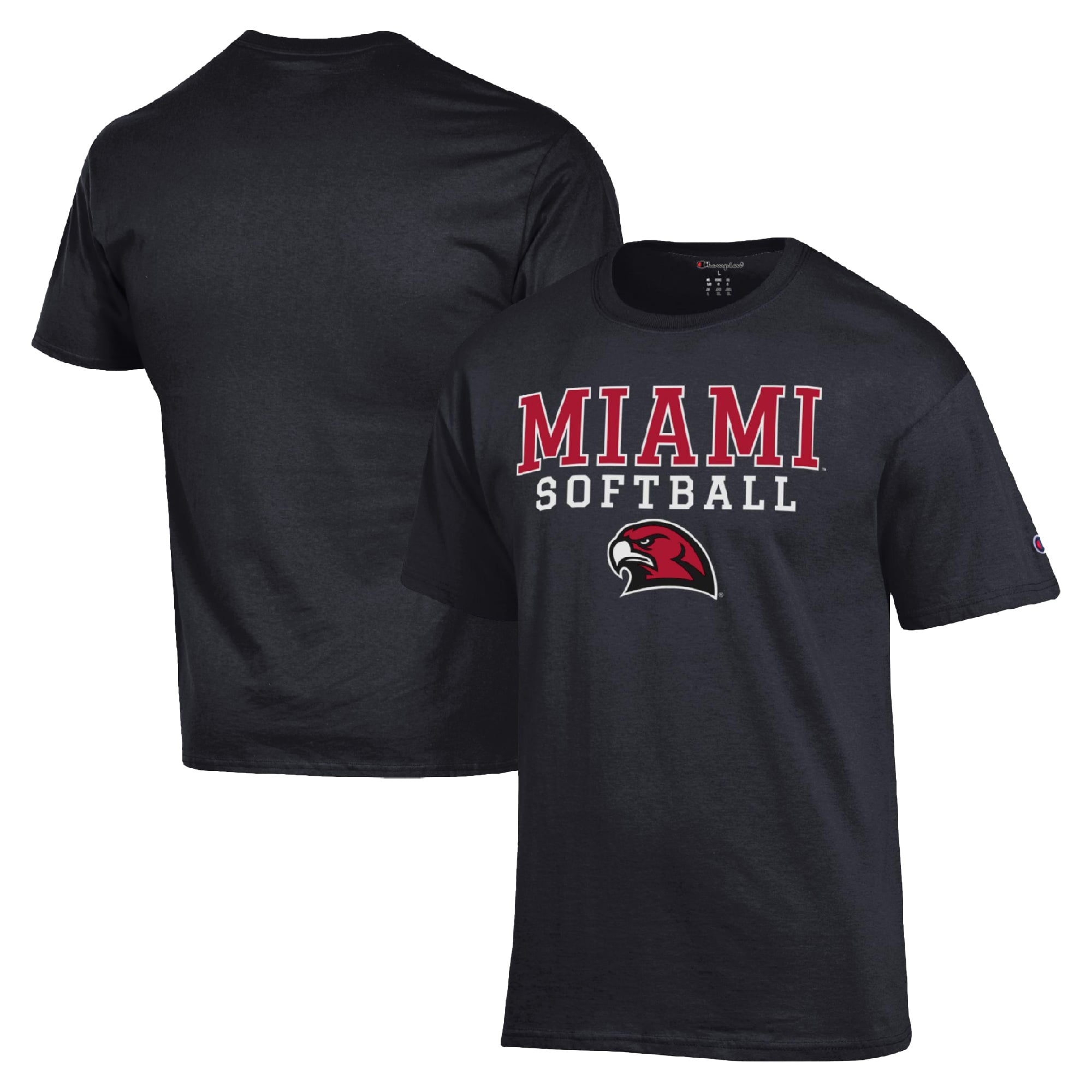 Men's Champion  Black Miami University RedHawks Stack Logo Softball Powerblend T-Shirt