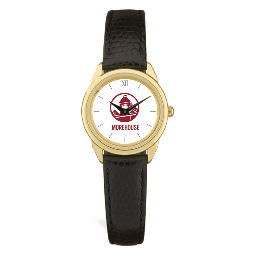 Women's  Gold Morehouse Maroon Tigers Black Leather Wristwatch