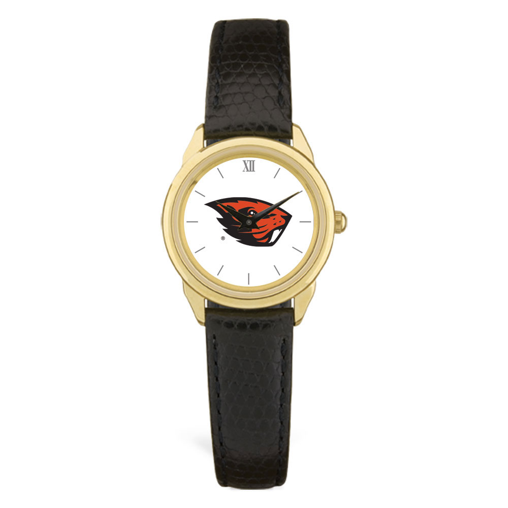 Women's  Gold Oregon State Beavers Black Leather Wristwatch