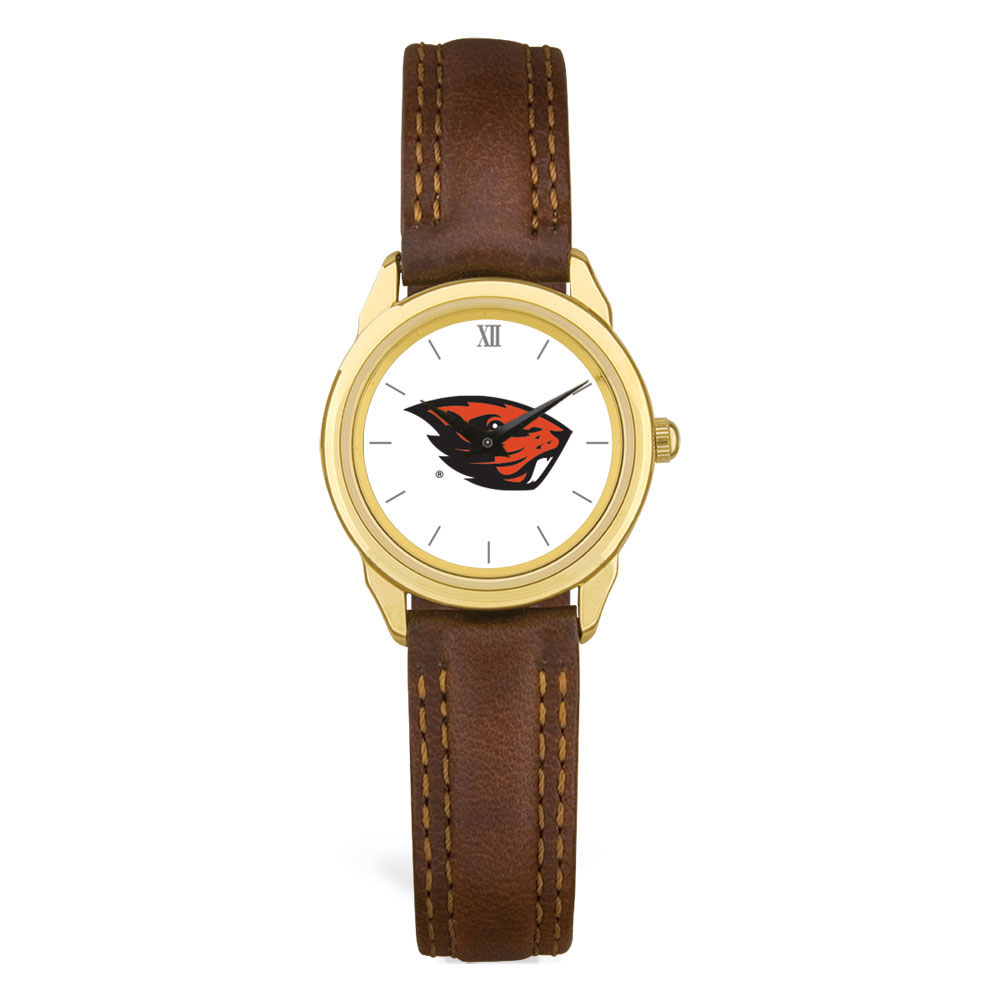 Women's  Gold Oregon State Beavers Brown Leather Watch