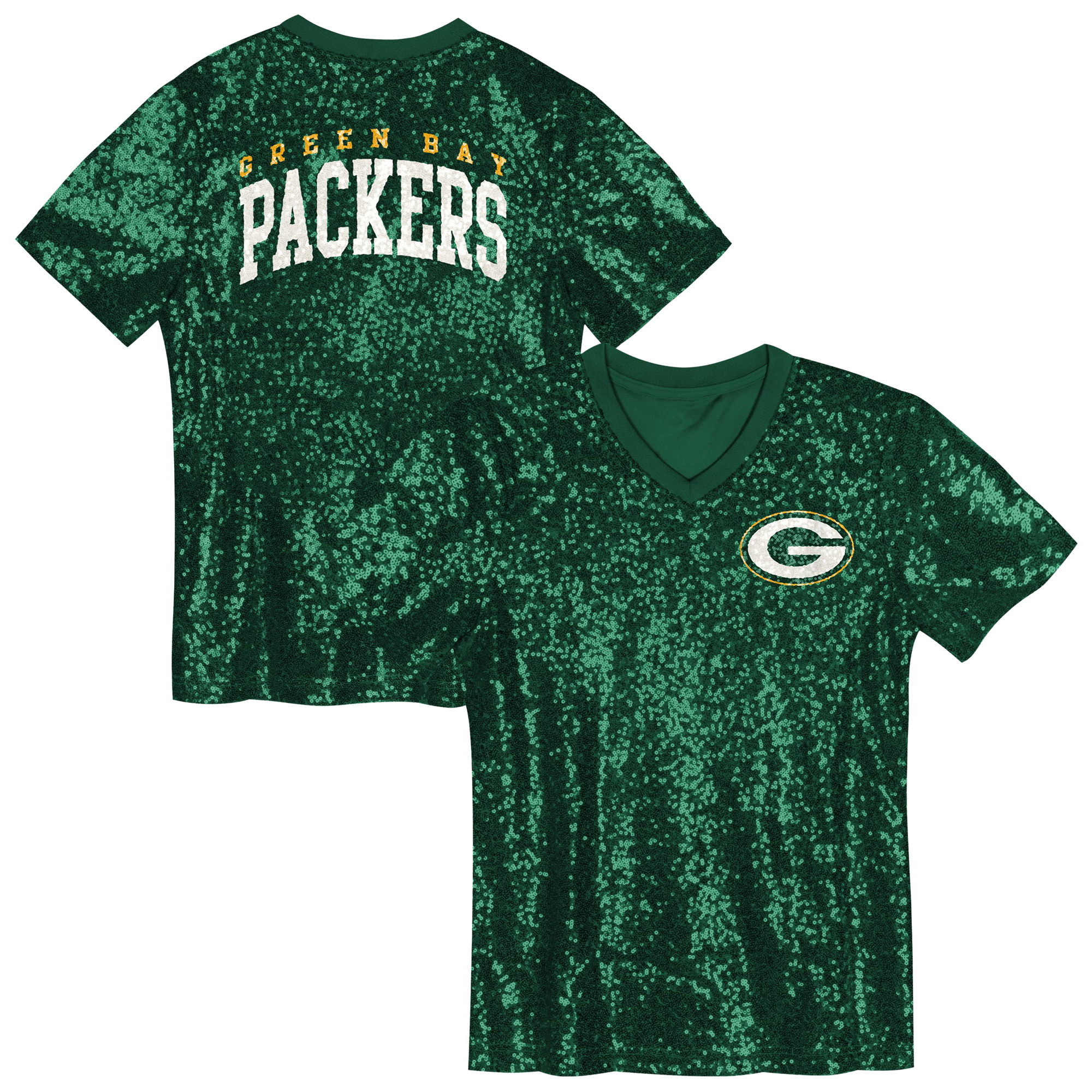 Girls Youth Green Green Bay Packers Wordmark Sequin V-Neck Top