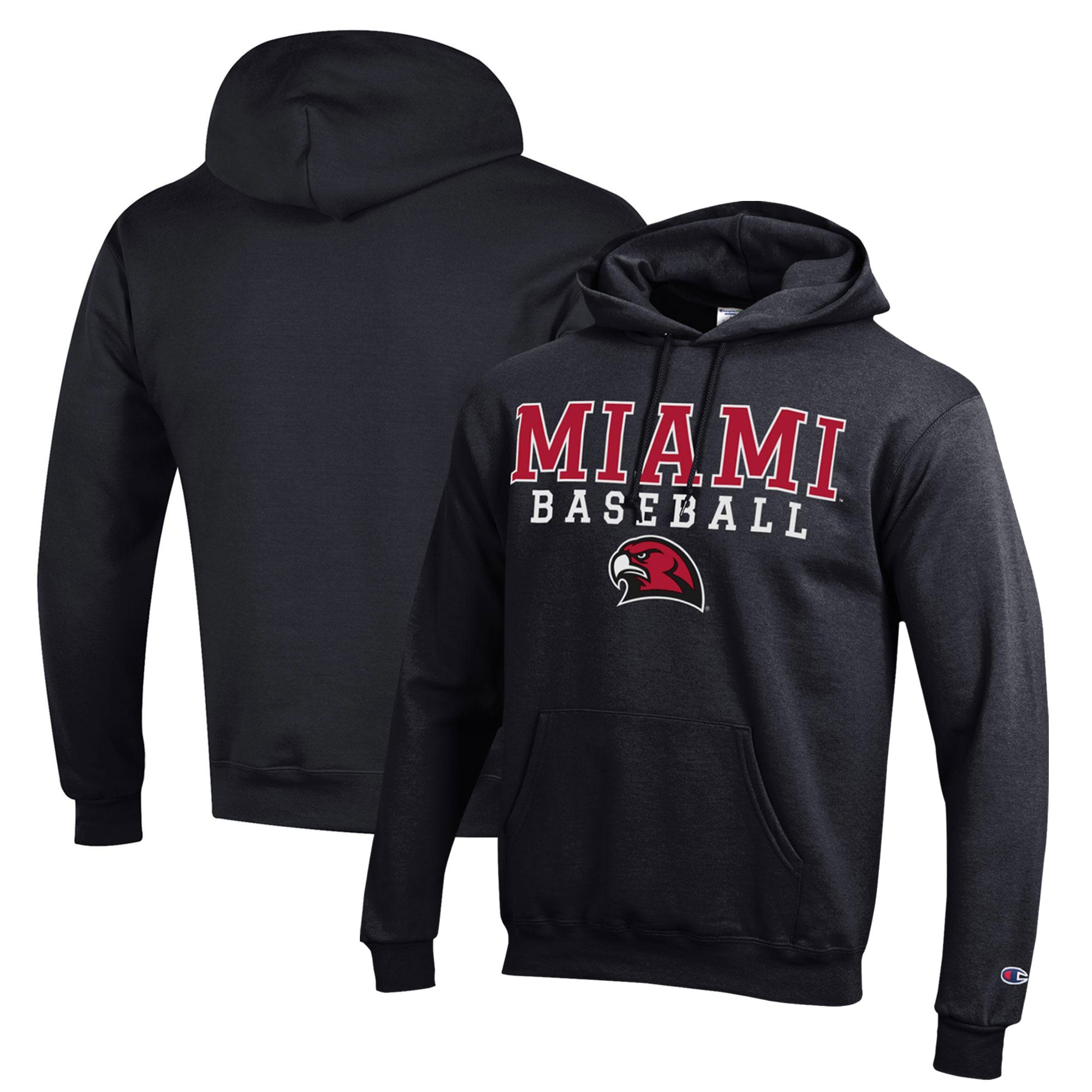 Men's Champion  Black Miami University RedHawks Stack Baseball Powerblend Pullover Hoodie