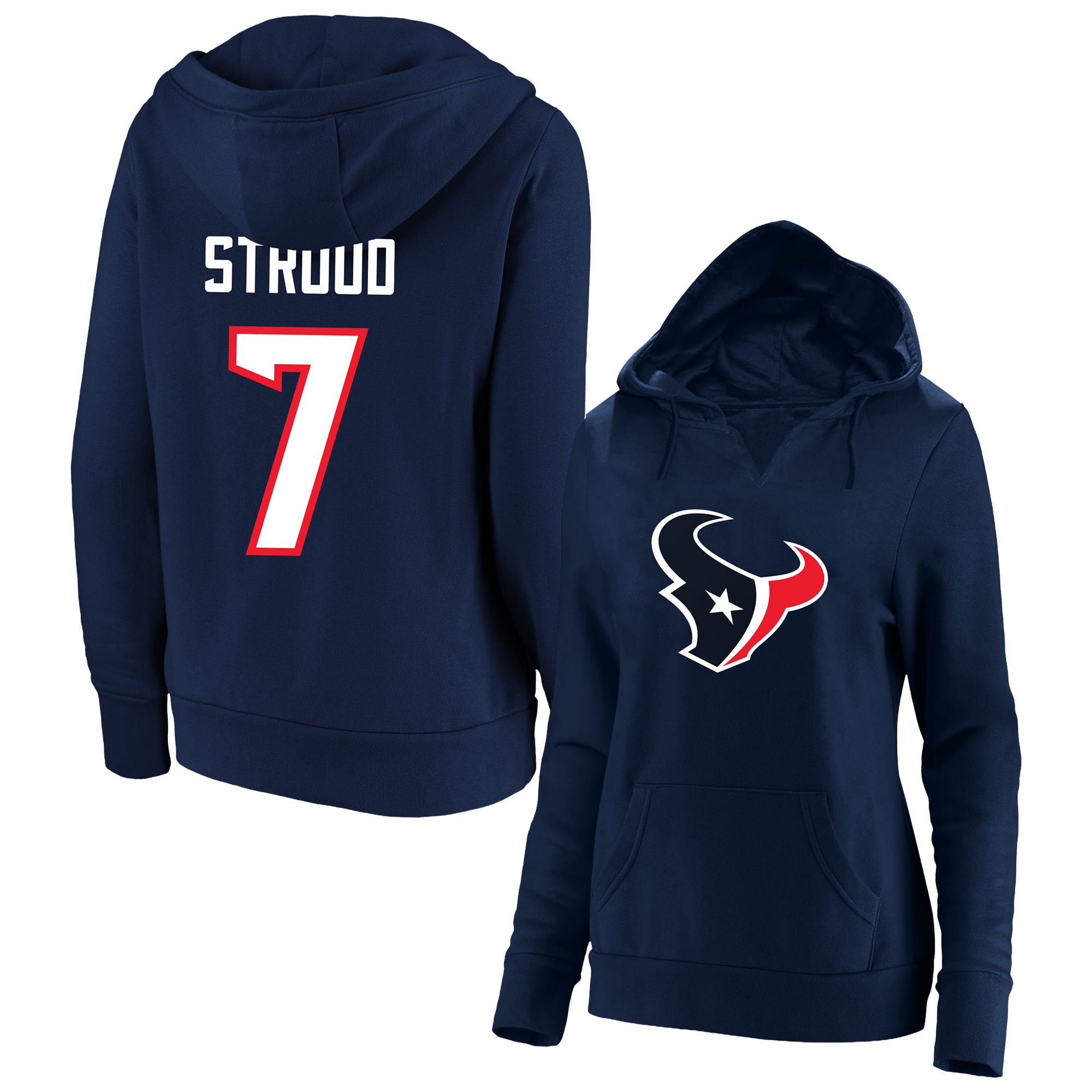 Women’s Fanatics C.J. Stroud Navy Houston Texans Plus Size Player Name & Number Notch Neck Hoodie