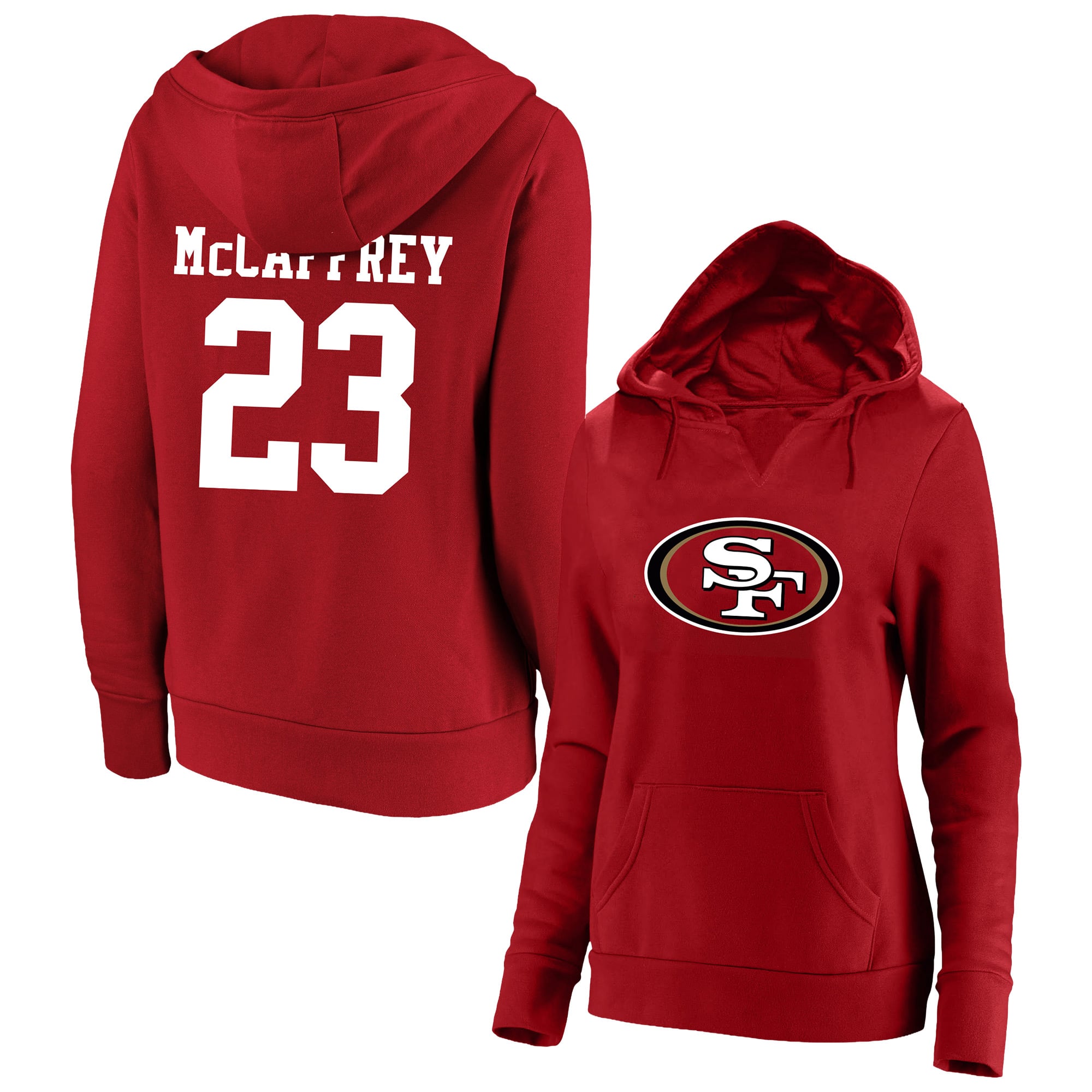 Women's Fanatics Christian McCaffrey Scarlet San Francisco 49ers Plus Size Player Name & Number Notch Neck Hoodie