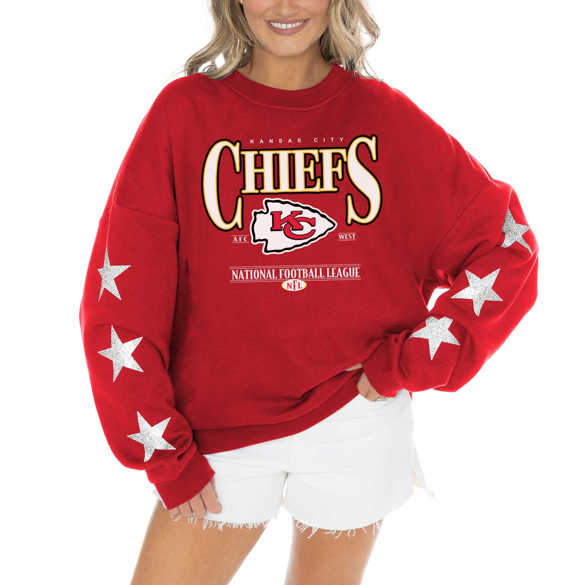 Women's Gameday Couture Red Kansas City Chiefs Rhinestone Star Sleeve Settle the Score Tri-Blend Pullover: retailer-supplied image