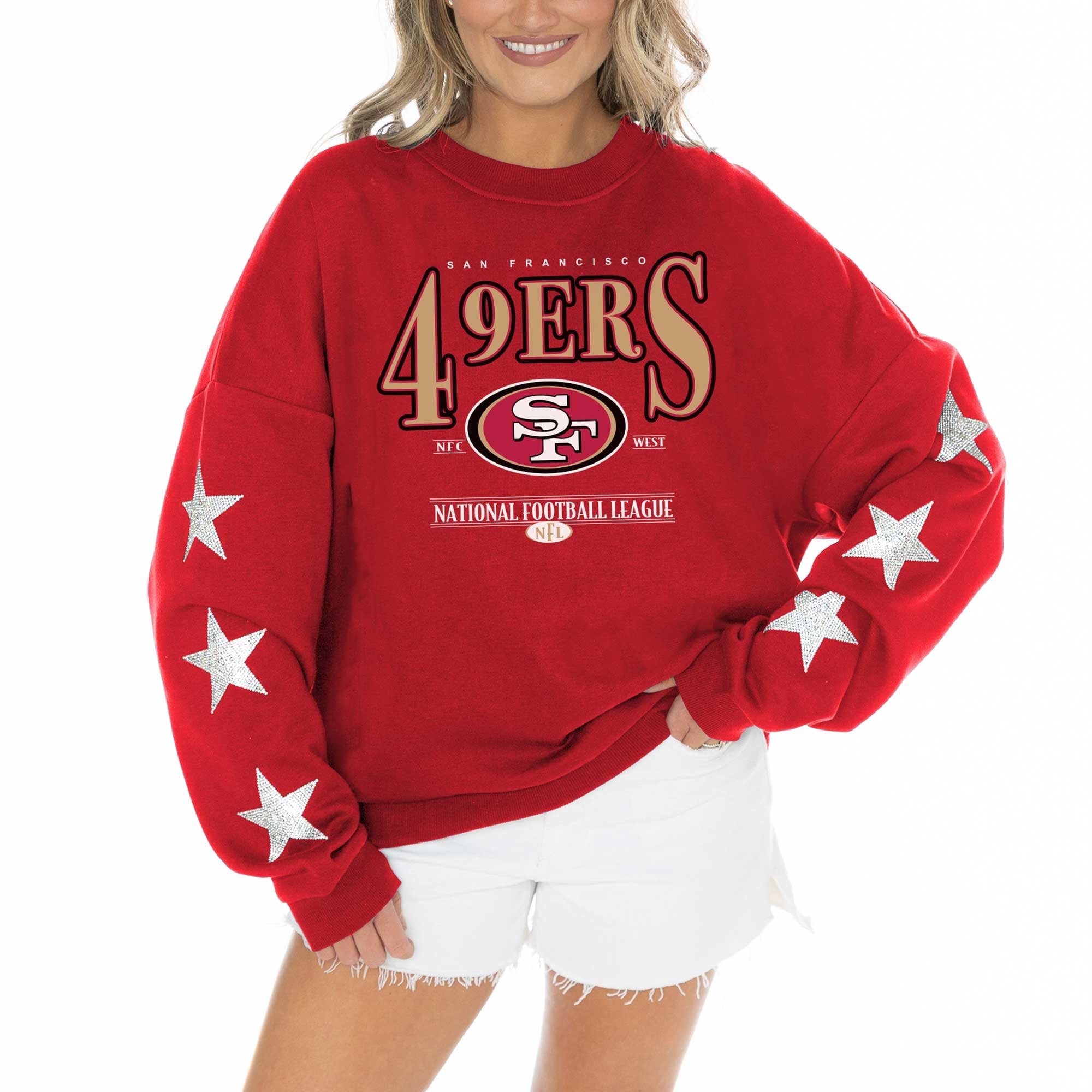 Women's Gameday Couture Scarlet San Francisco 49ers Rhinestone Star Sleeve Settle the Score Tri-Blend Pullover: retailer-supplied image