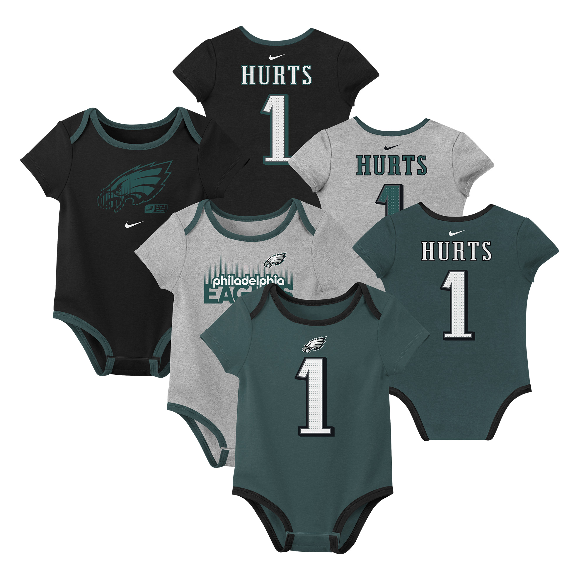 Newborn & Infant Nike Jalen Hurts Philadelphia Eagles Name & Number 3-Pack Bodysuit Set