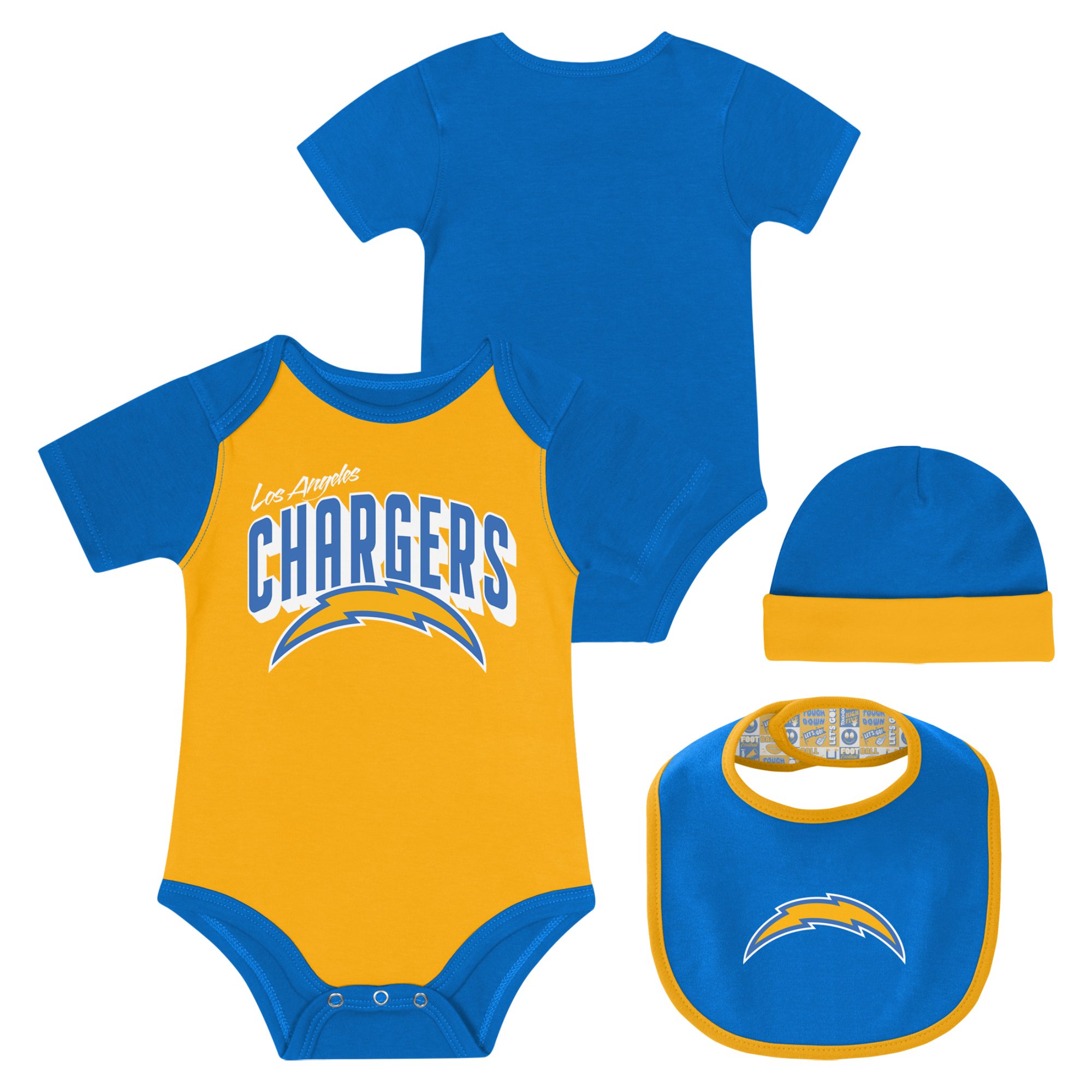 Newborn & Infant Los Angeles Chargers Dynamic Duo Bodysuit, Bib & Knit Hat Set