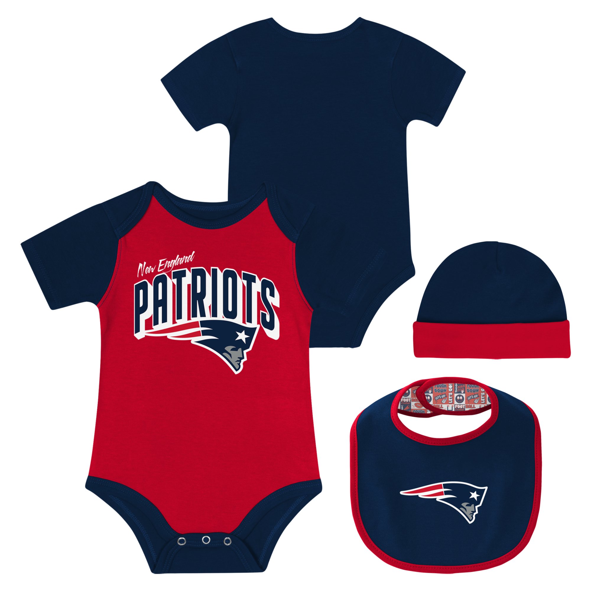 Newborn & Infant New England Patriots Dynamic Duo Bodysuit, Bib & Knit Hat Set