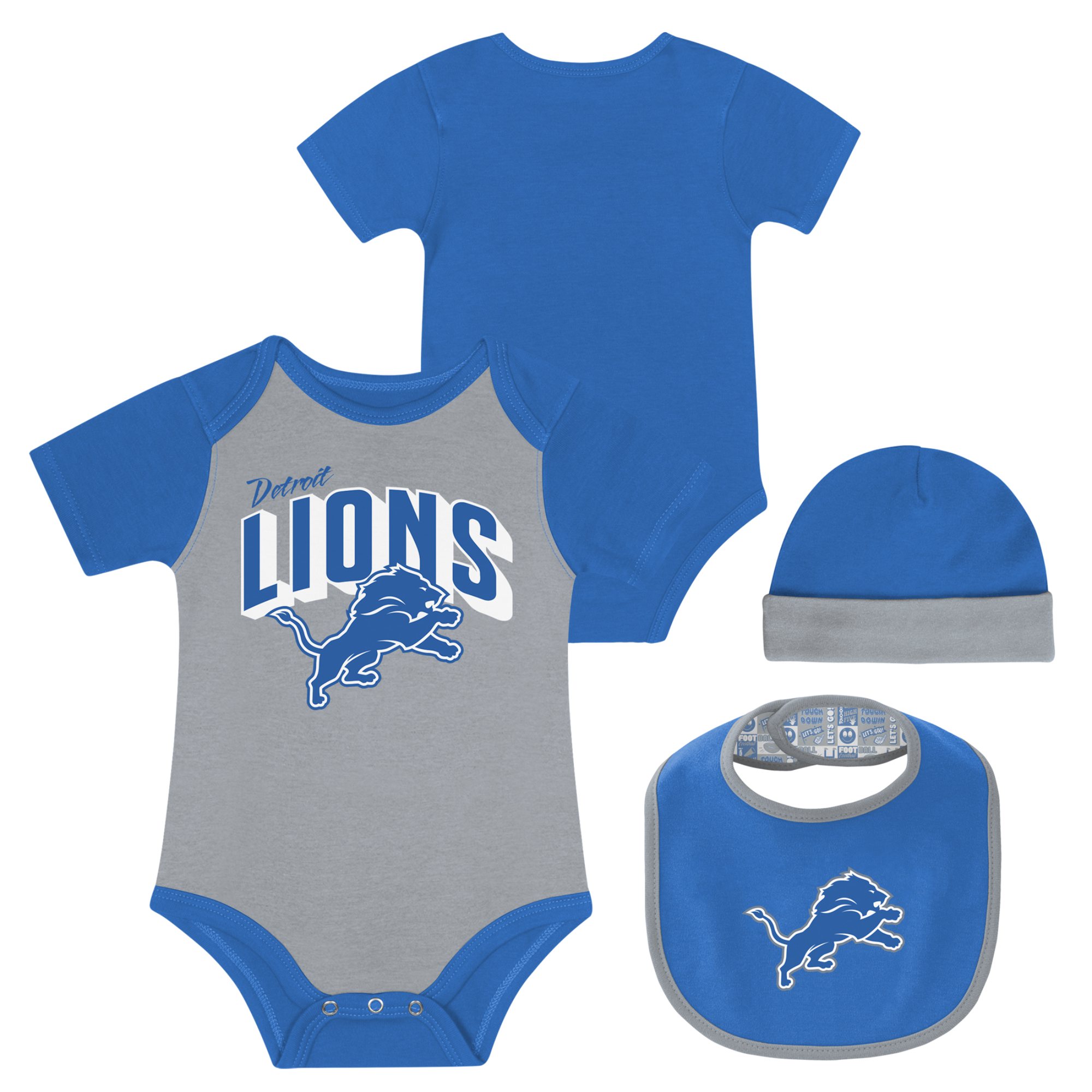 Newborn & Infant Detroit Lions Dynamic Duo Bodysuit, Bib & Knit Hat Set