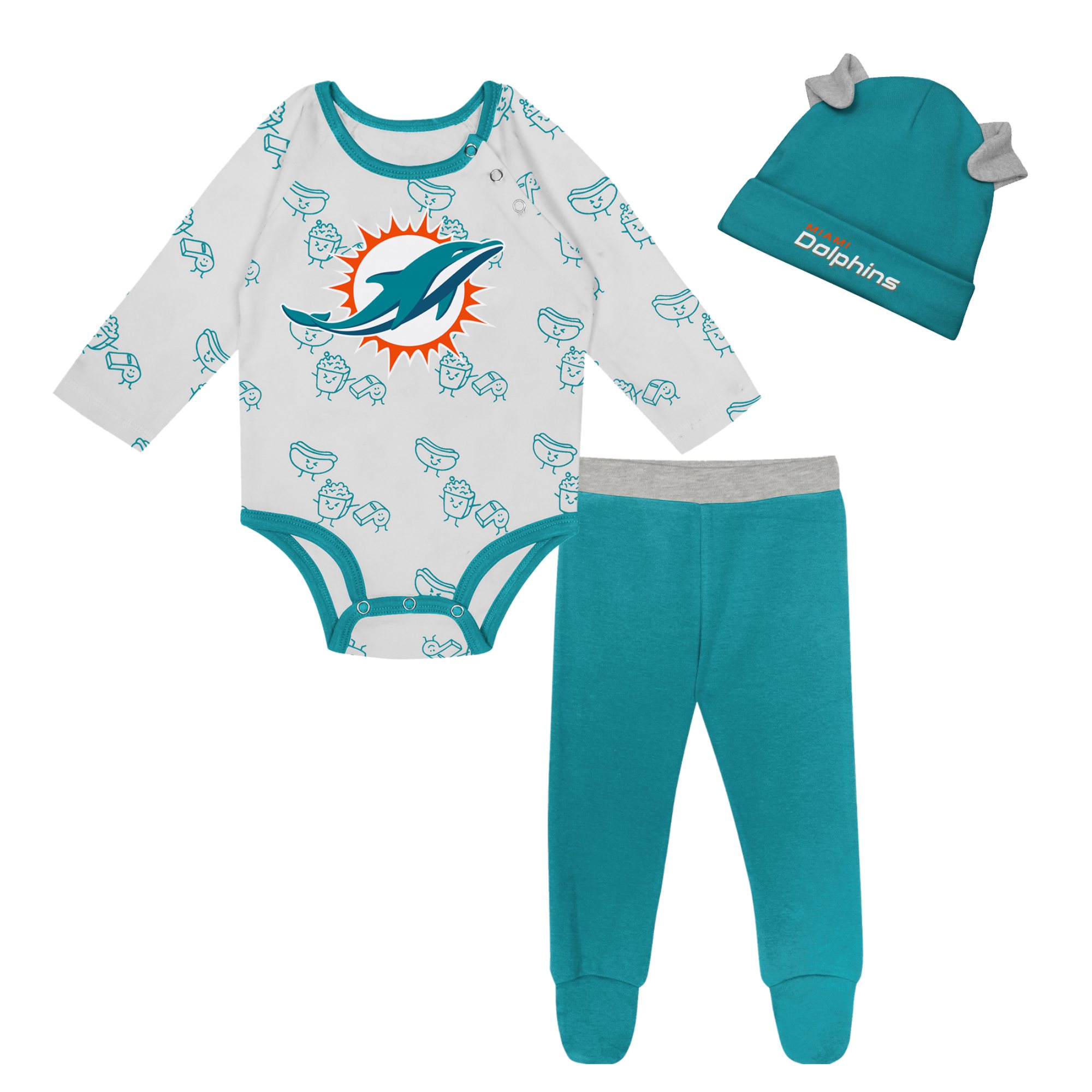 Newborn & Infant Miami Dolphins Little Champ Long Sleeve Bodysuit, Pants & Cuffed Knit Hat 3-Piece Set