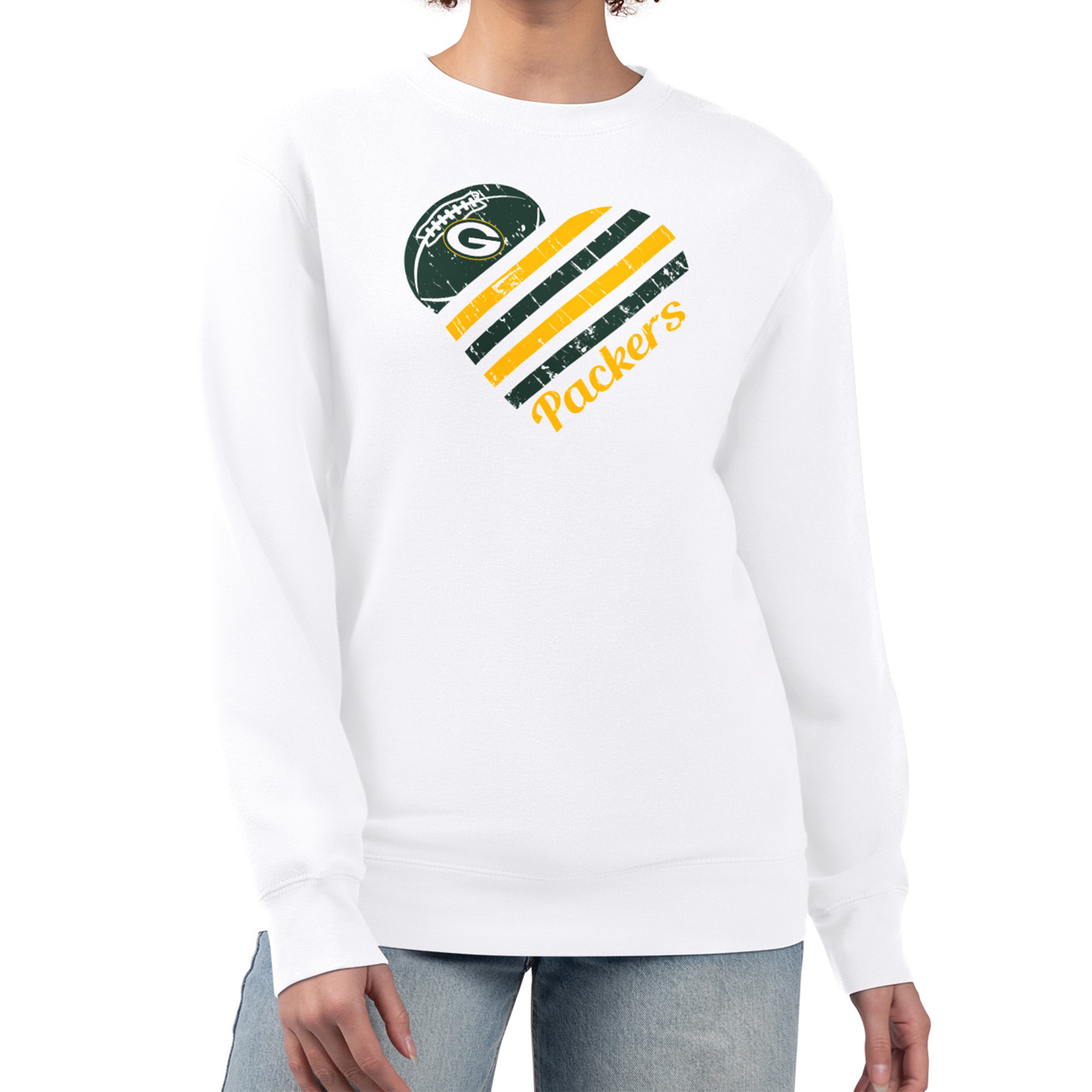 Women's G-III 4Her by Carl Banks White Green Bay Packers Heart Graphic Fleece Pullover Sweatshirt
