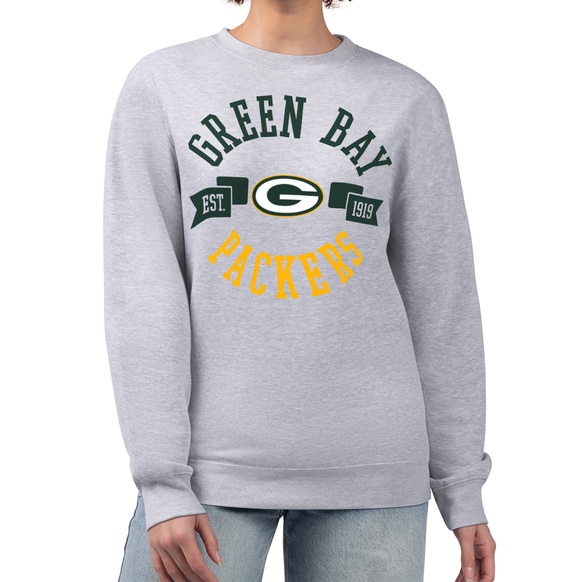 Women's G-III 4Her by Carl Banks Heather Gray Green Bay Packers Large Team Graphic Fleece Pullover Sweatshirt