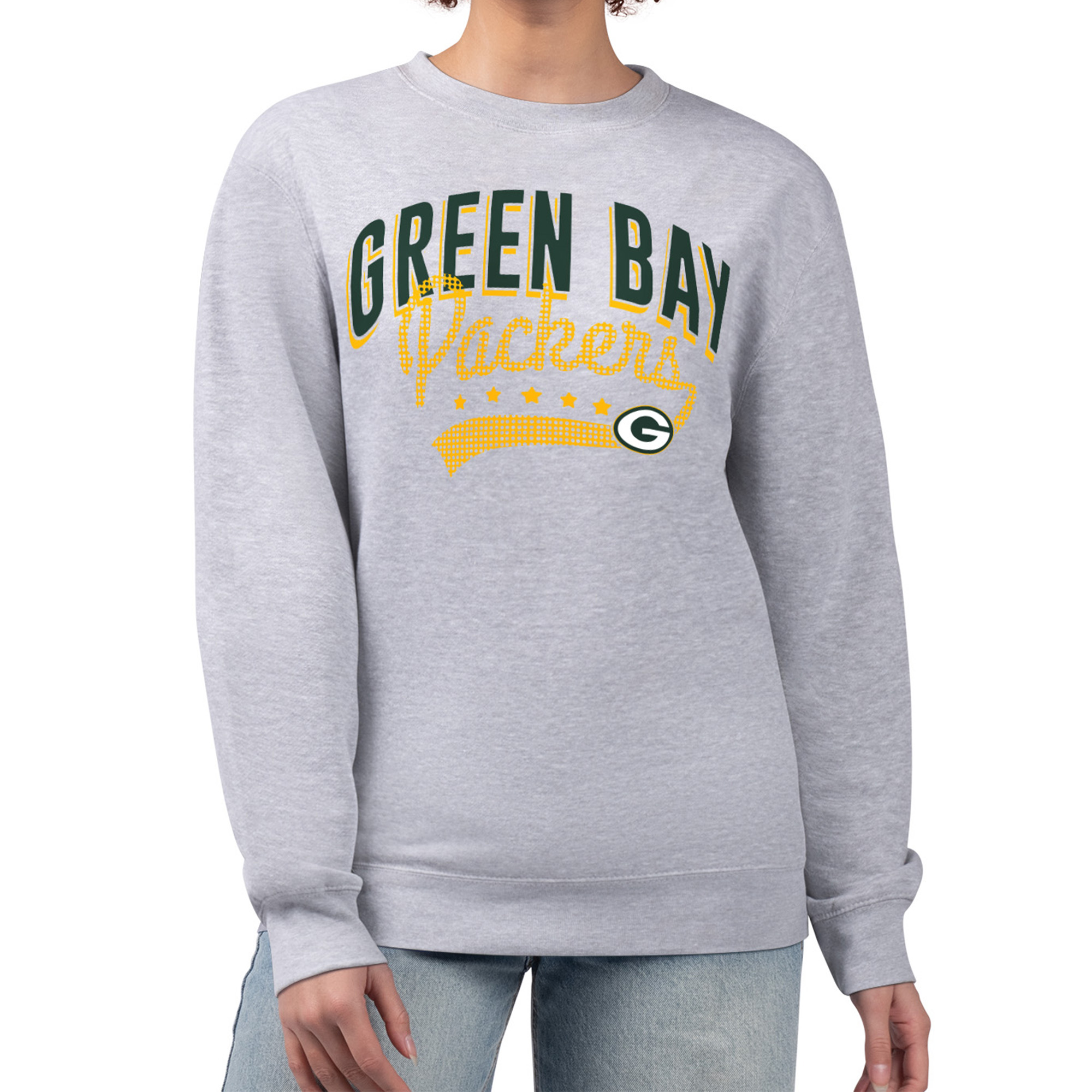 Women's G-III 4Her by Carl Banks Heather Gray Green Bay Packers Filigree Logo Graphic Fleece Pullover Sweatshirt