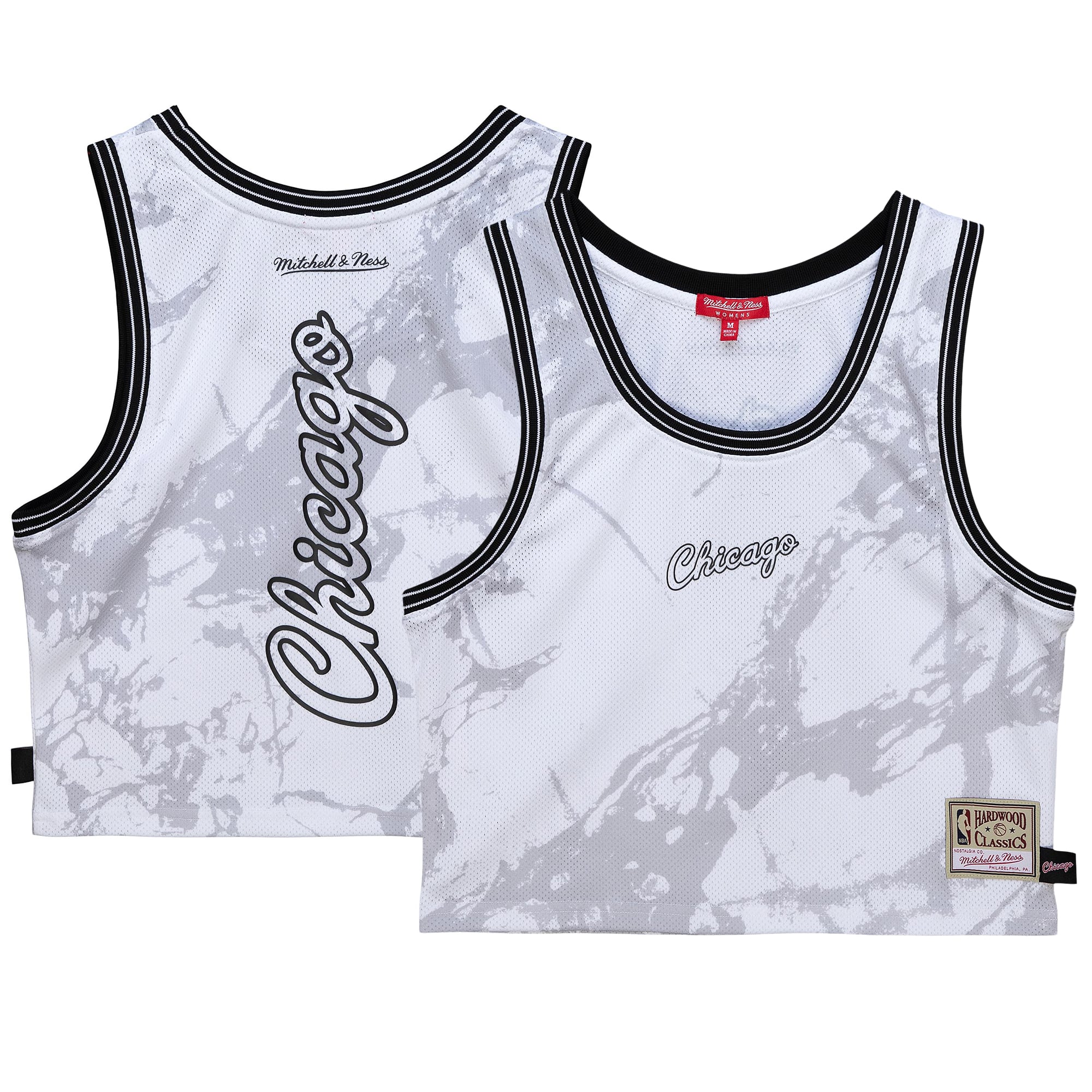 Women's Mitchell & Ness White Chicago Bulls Hardwood Classics Marble Cropped Tank Top