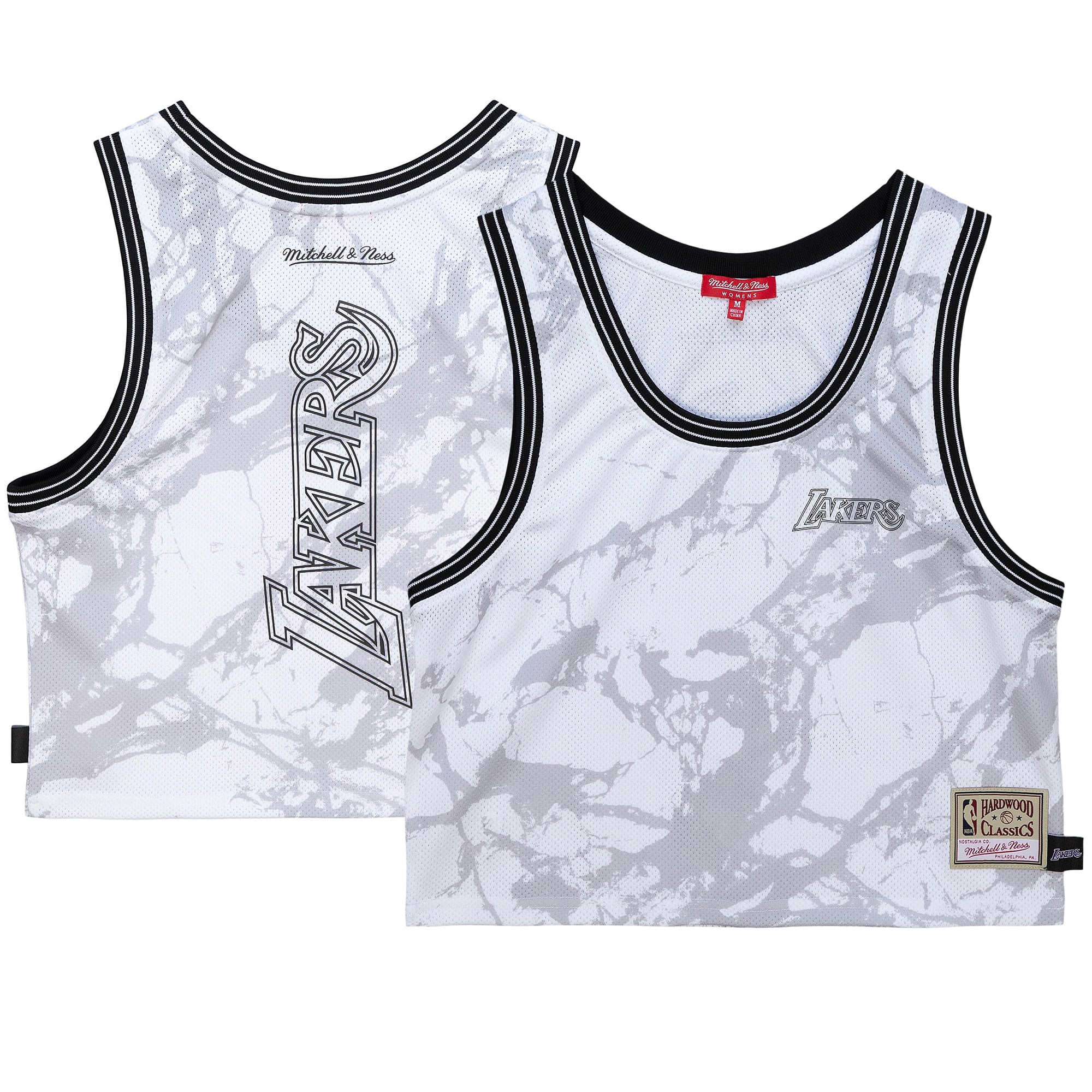 Women's Mitchell & Ness White Los Angeles Lakers Hardwood Classics Marble Cropped Tank Top