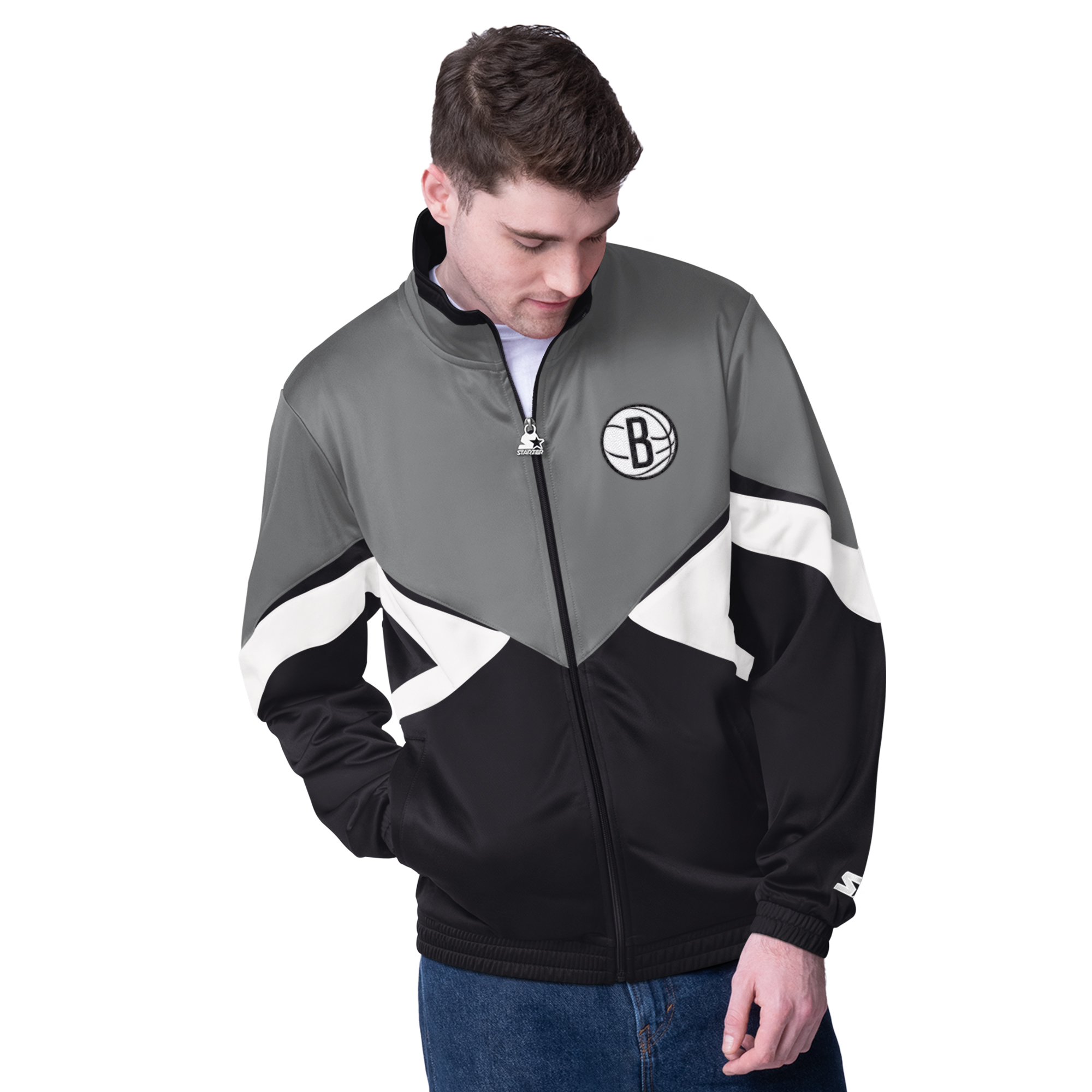 Men’s Starter Gray/Black Brooklyn Nets Rush Applique Full-Zip Track Jacket Men’s Starter Gray/Black Brooklyn Nets Rush Applique Full-Zip Track Jacket