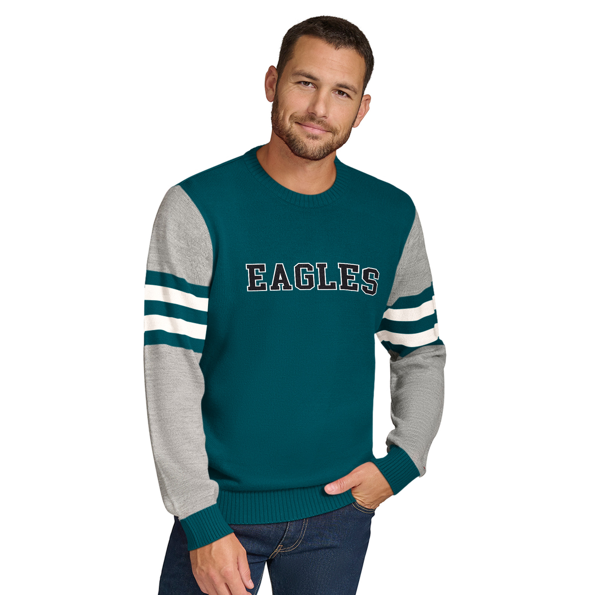 Men's Tommy Hilfiger Green/Heather Gray Philadelphia Eagles Acrylic Crewneck Pullover Sweater