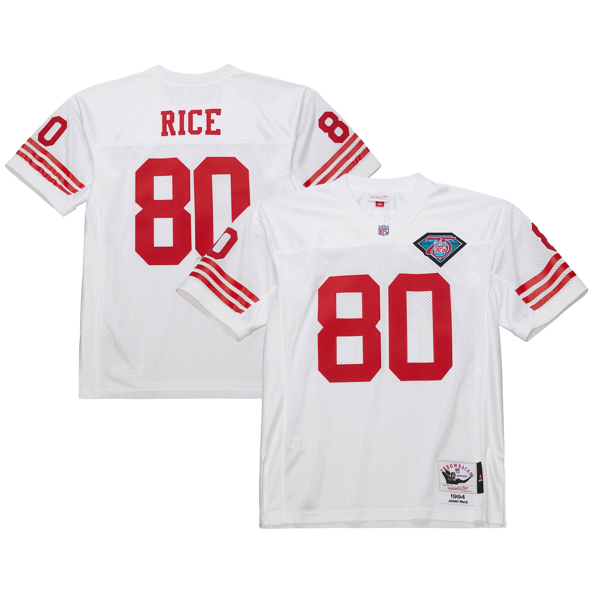 Maillot Mitchell & Ness Jerry Rice blanc des 49ers de San Francisco, édition 1994, authentique et rétro, porté par un joueur retraité.