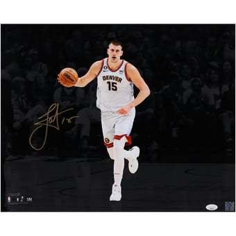 Nikola Jokic Denver Nuggets Autographed 16" x 20" Dribbling Spotlight Photograph - Signed in Gold Ink - JSA