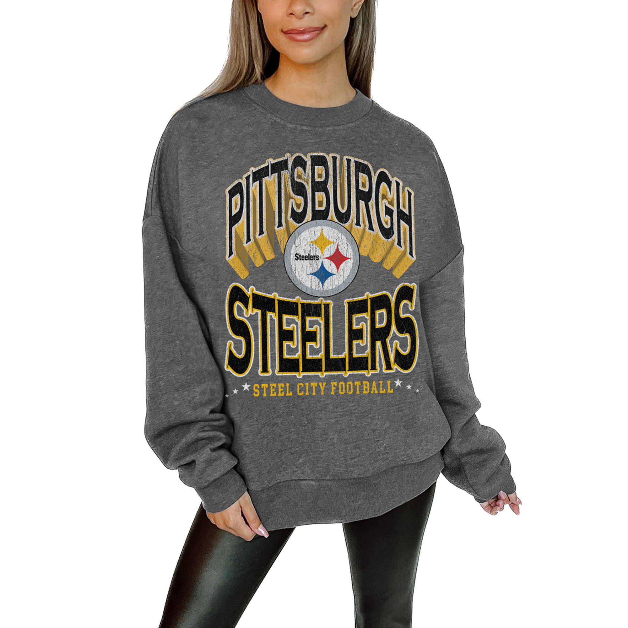 Women's Gameday Couture Charcoal Pittsburgh Steelers Oversized Long Weekend Premium Fleece Drop Shoulder Pullover Sweatshirt