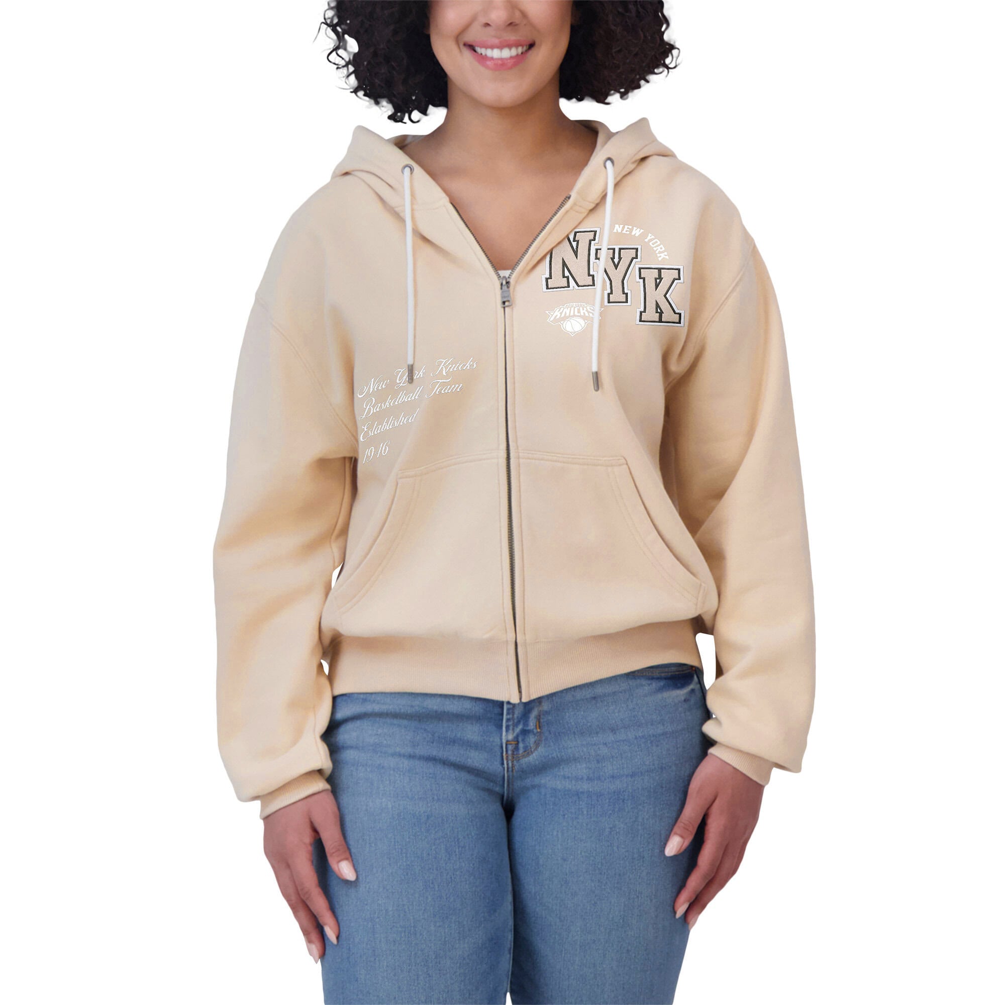 Women's WEAR by Erin Andrews Cream New York Knicks Plus Size Tonal Felt Patch Full-Zip Hoodie