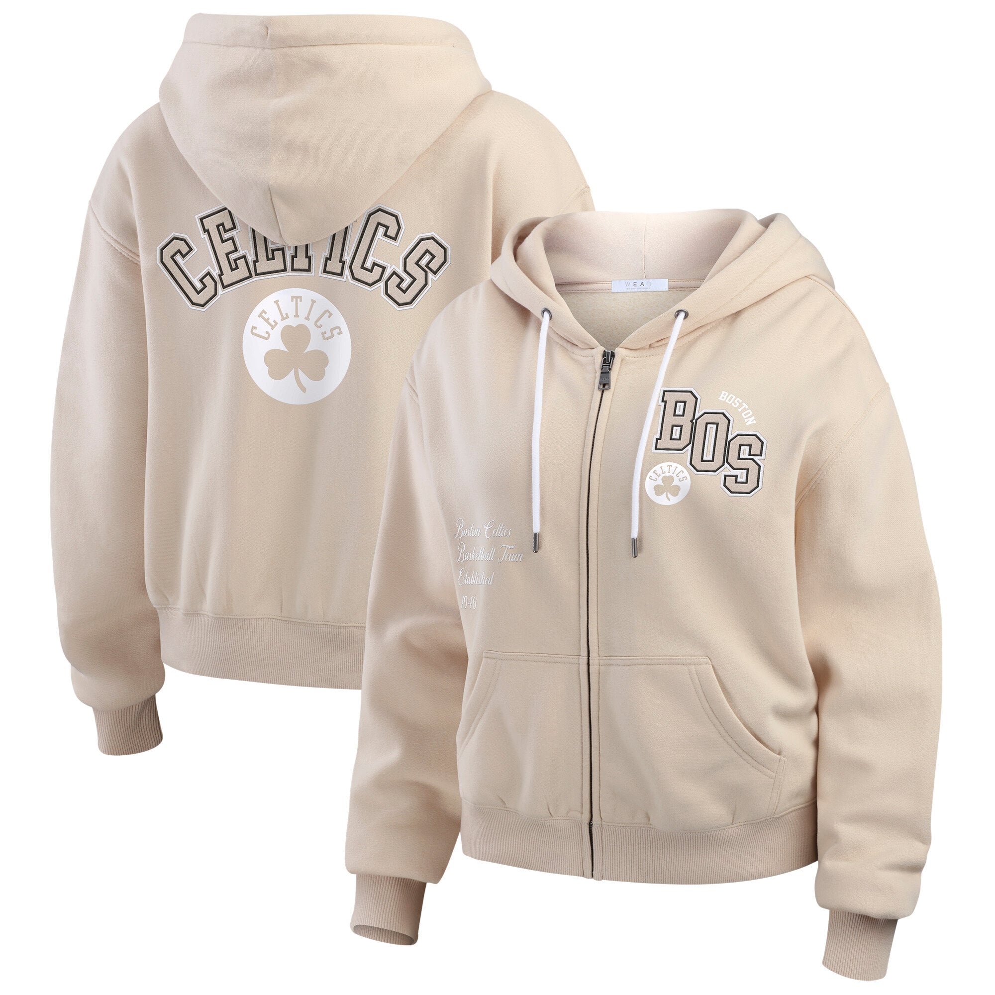 Women's WEAR by Erin Andrews Cream Boston Celtics Plus Size Tonal Felt Patch Full-Zip Hoodie