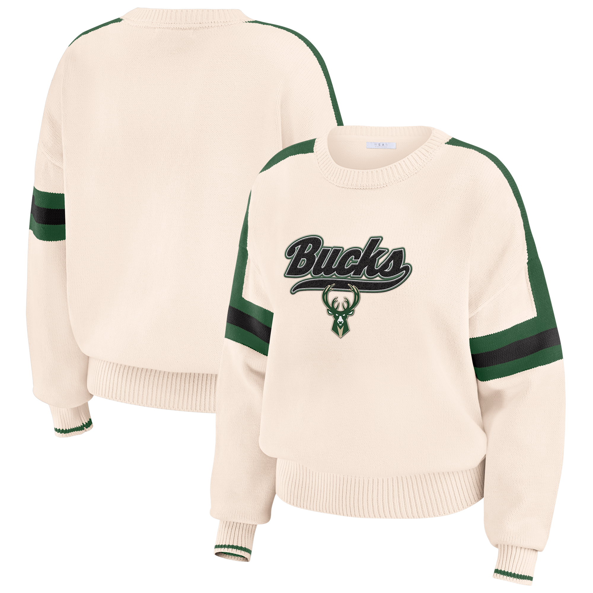 Women's WEAR by Erin Andrews  Cream Milwaukee Bucks Stripe Pullover Sweater