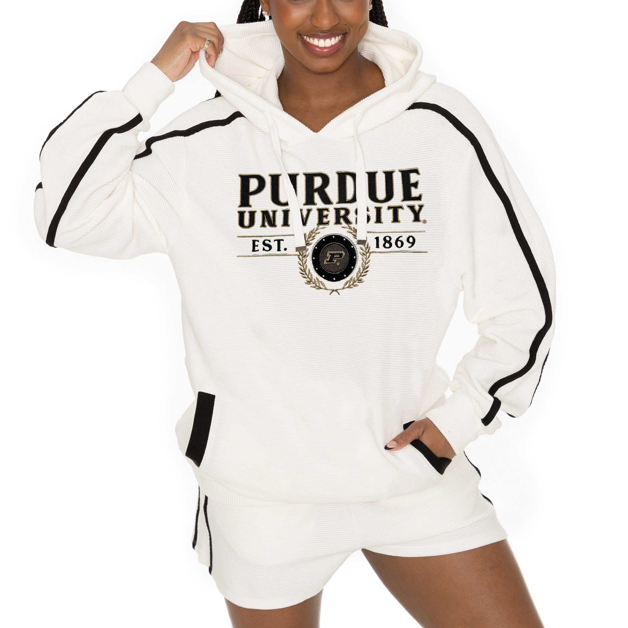 Women’s Gameday Couture Cream Purdue Boilermakers Down, Set, Go Pullover Hoodie and Shorts Set Women’s Gameday Couture Cream Purdue Boilermakers Down, Set, Go Pullover Hoodie and Shorts Set