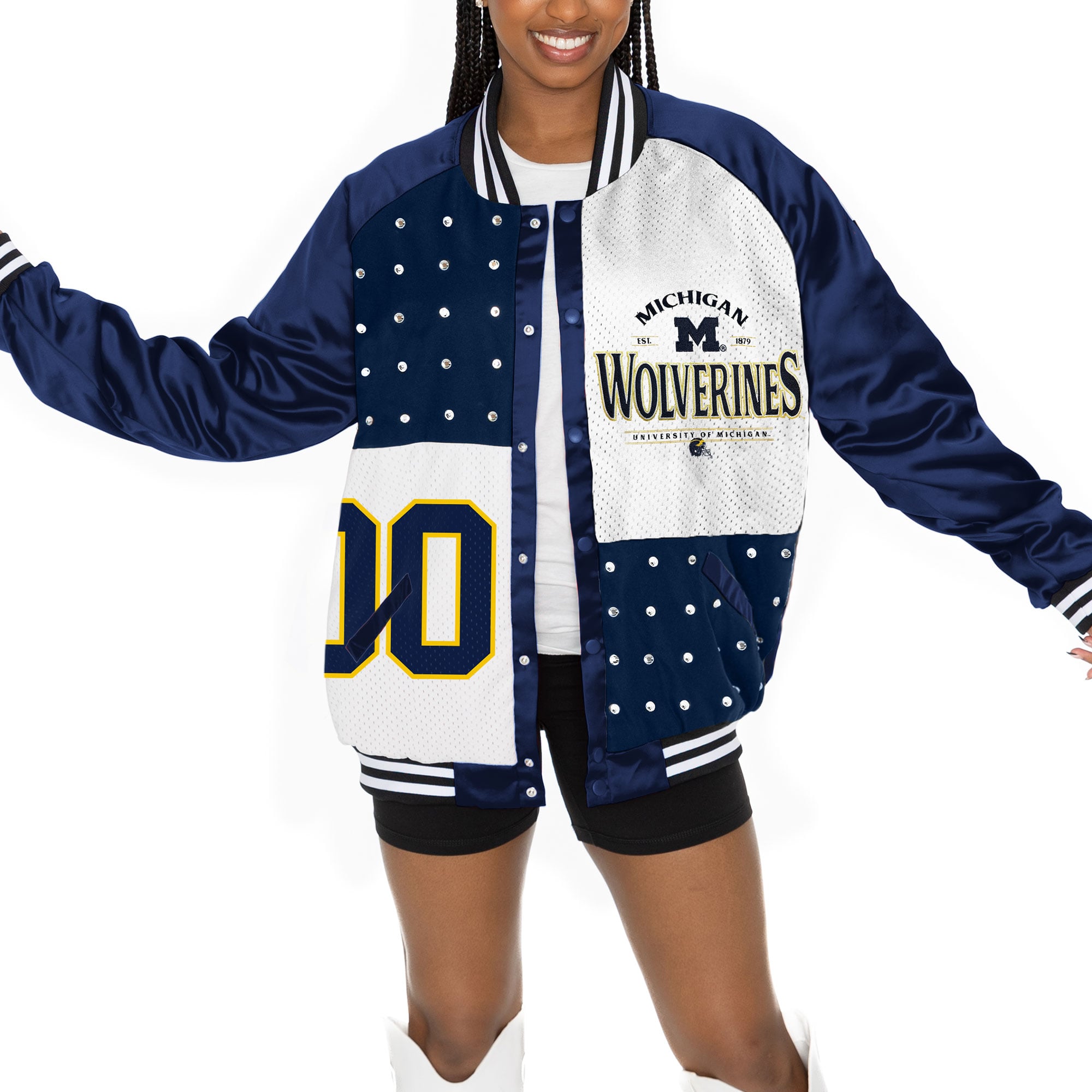 Women's Gameday Couture Navy Michigan Wolverines Mixed Media Throwback Rhinestone Raglan Full-Snap Varsity Bomber Jacket