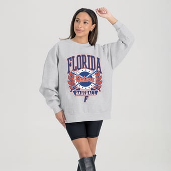Women's Gameday Couture Gray Florida Gators Baseball Premium Fleece Drop Pullover Sweatshirt